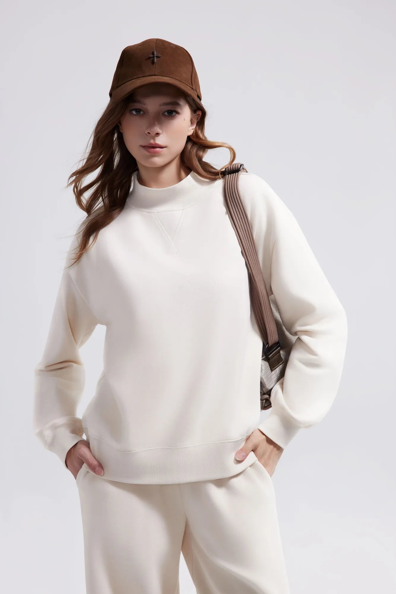 Cotton Mock Neck Sweatshirt Wide Pant Outfit