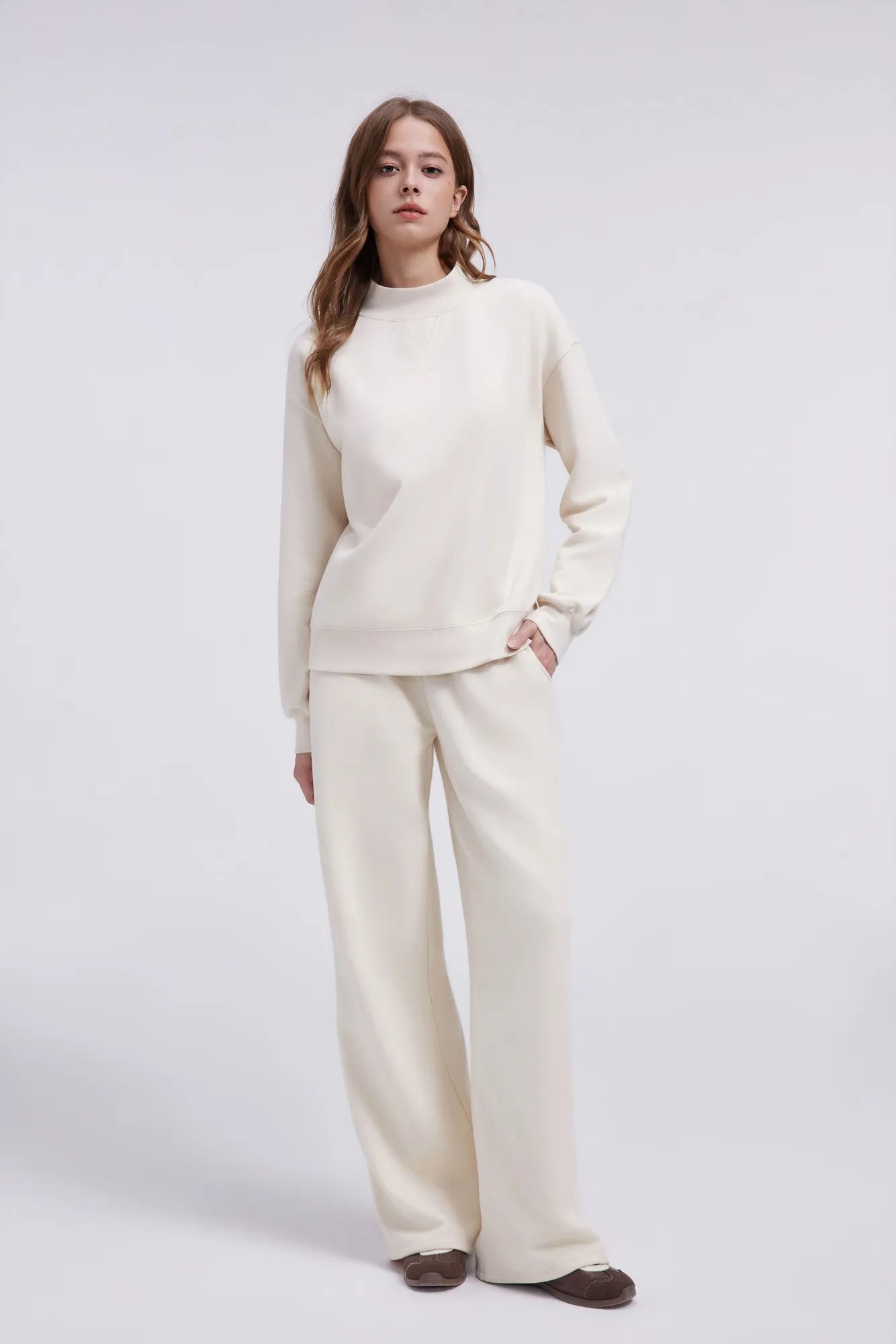 Cotton Mock Neck Sweatshirt Wide Pant Outfit