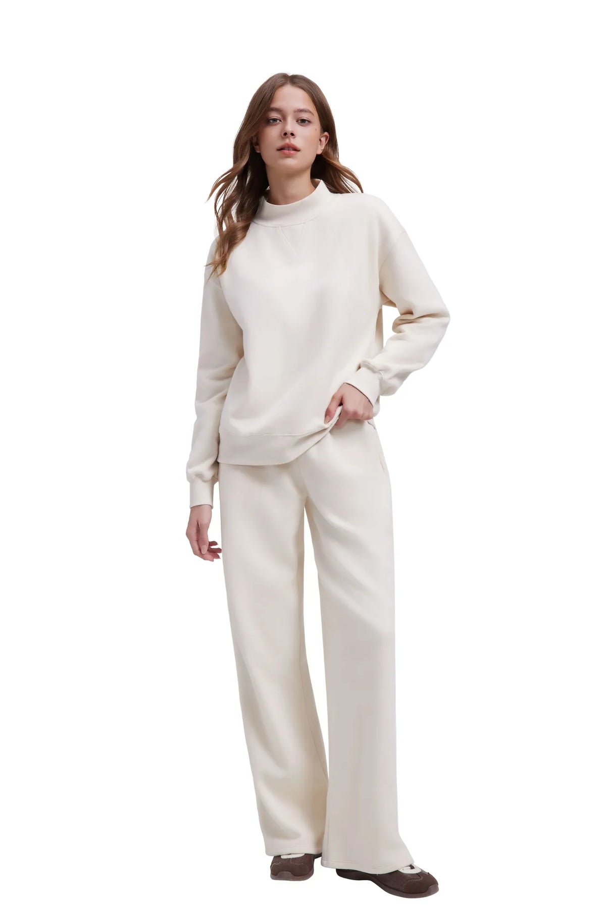 Cotton Mock Neck Sweatshirt Wide Pant Outfit