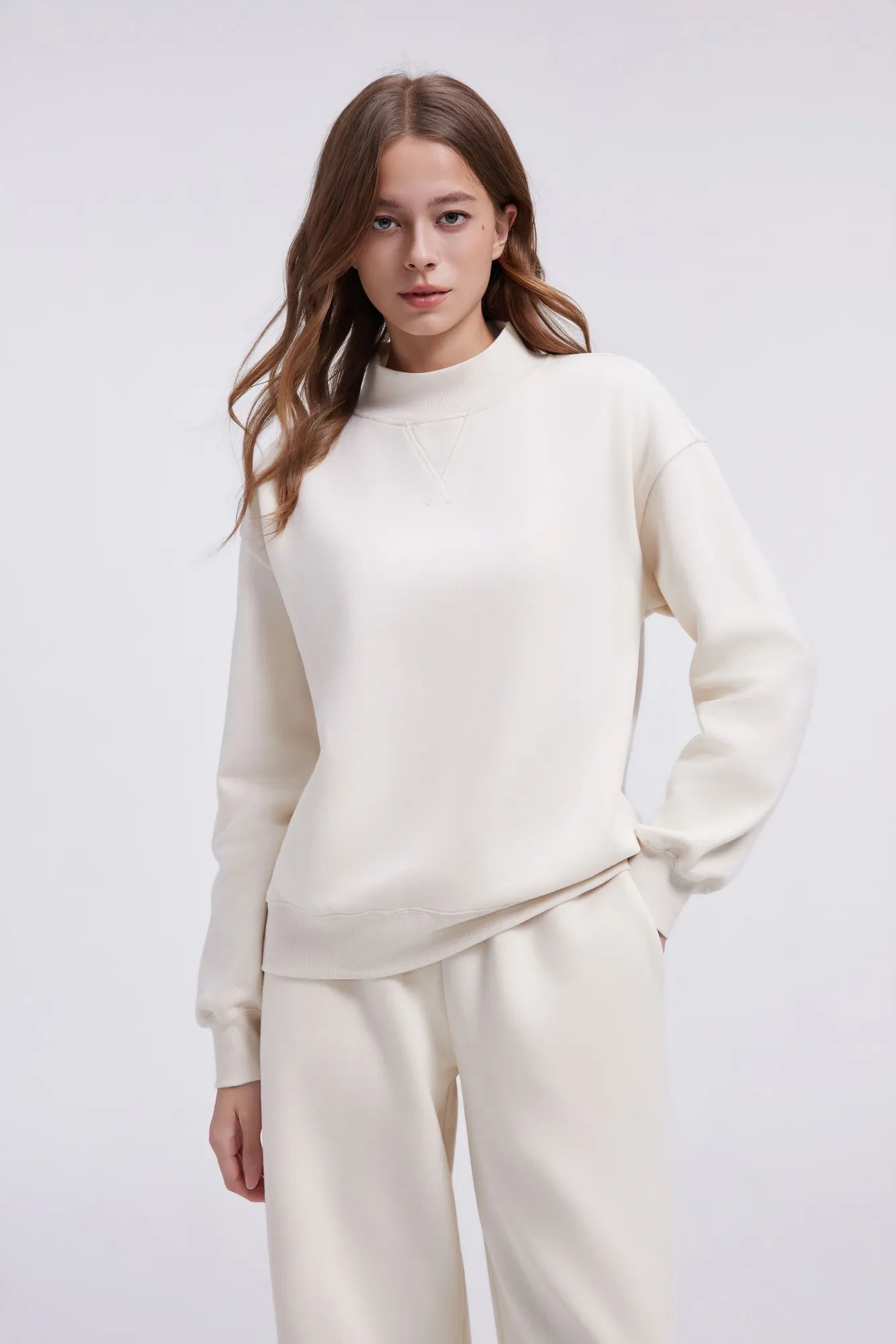 Cotton Mock Neck Sweatshirt Wide Pant Outfit