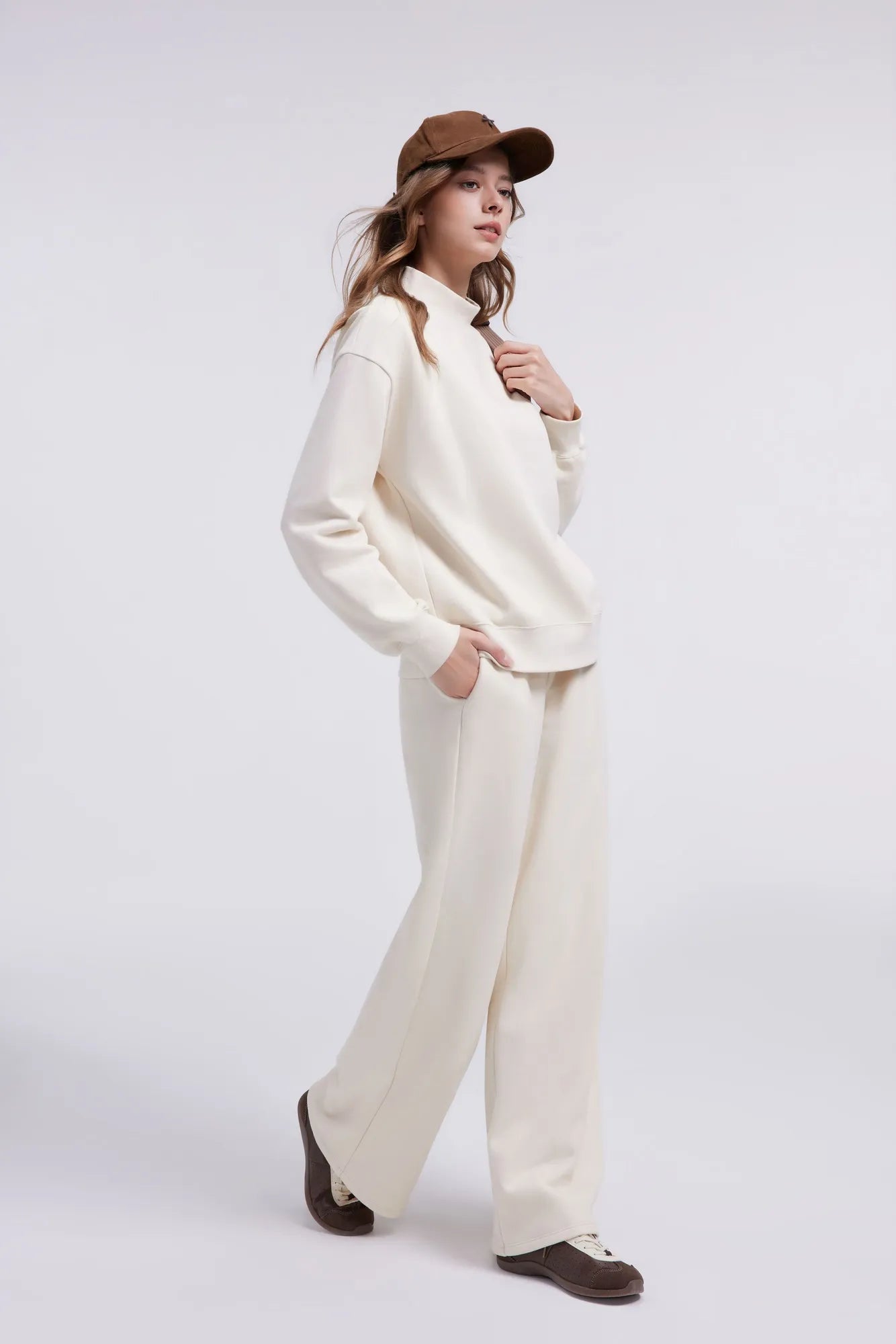Cotton Mock Neck Sweatshirt Wide Pant Outfit