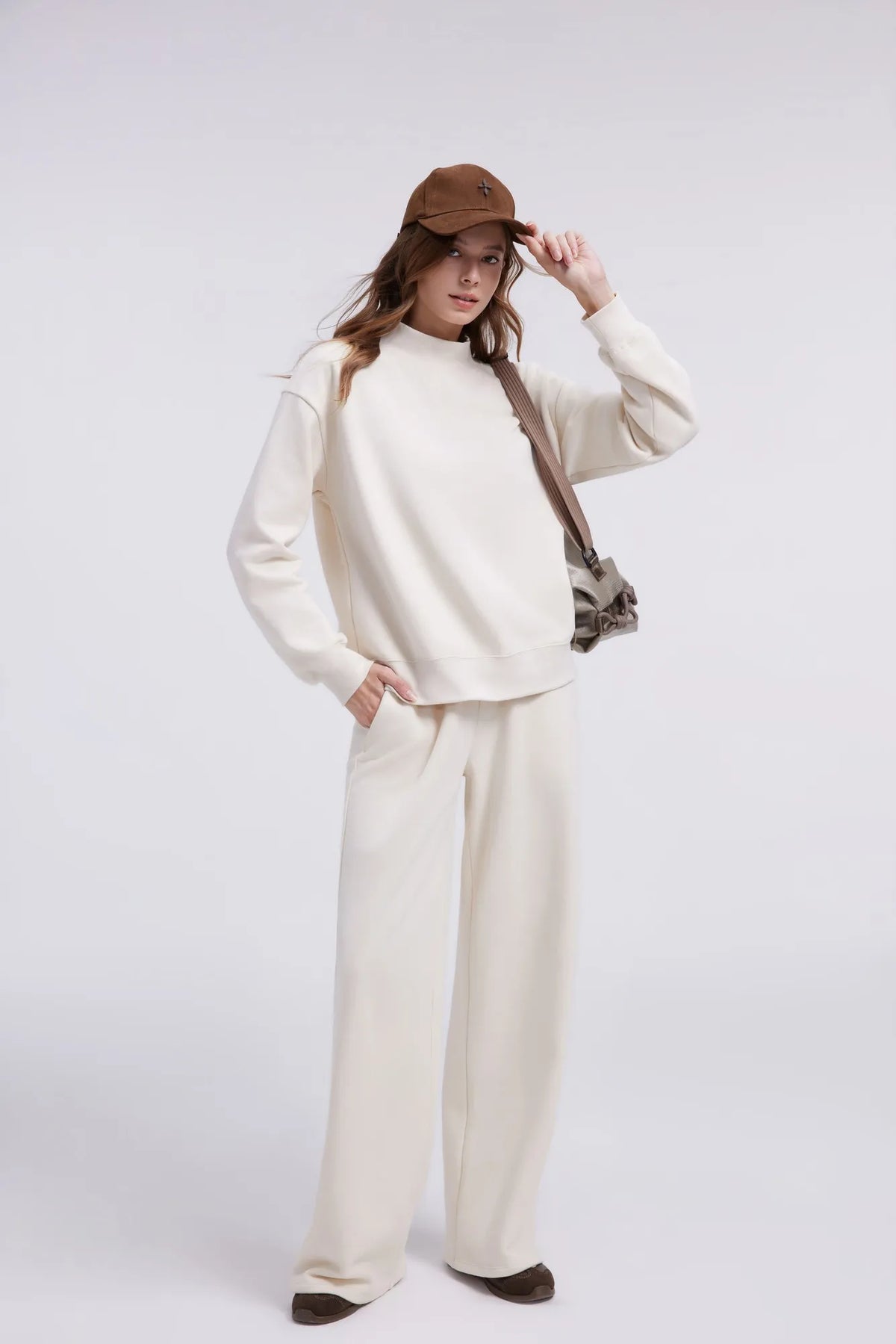 Cotton Mock Neck Sweatshirt Wide Pant Outfit