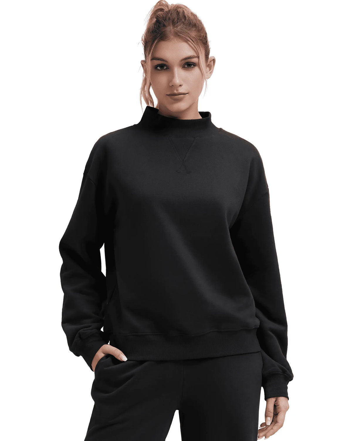 Cotton Mock Neck Sweatshirt Wide Pant Outfit