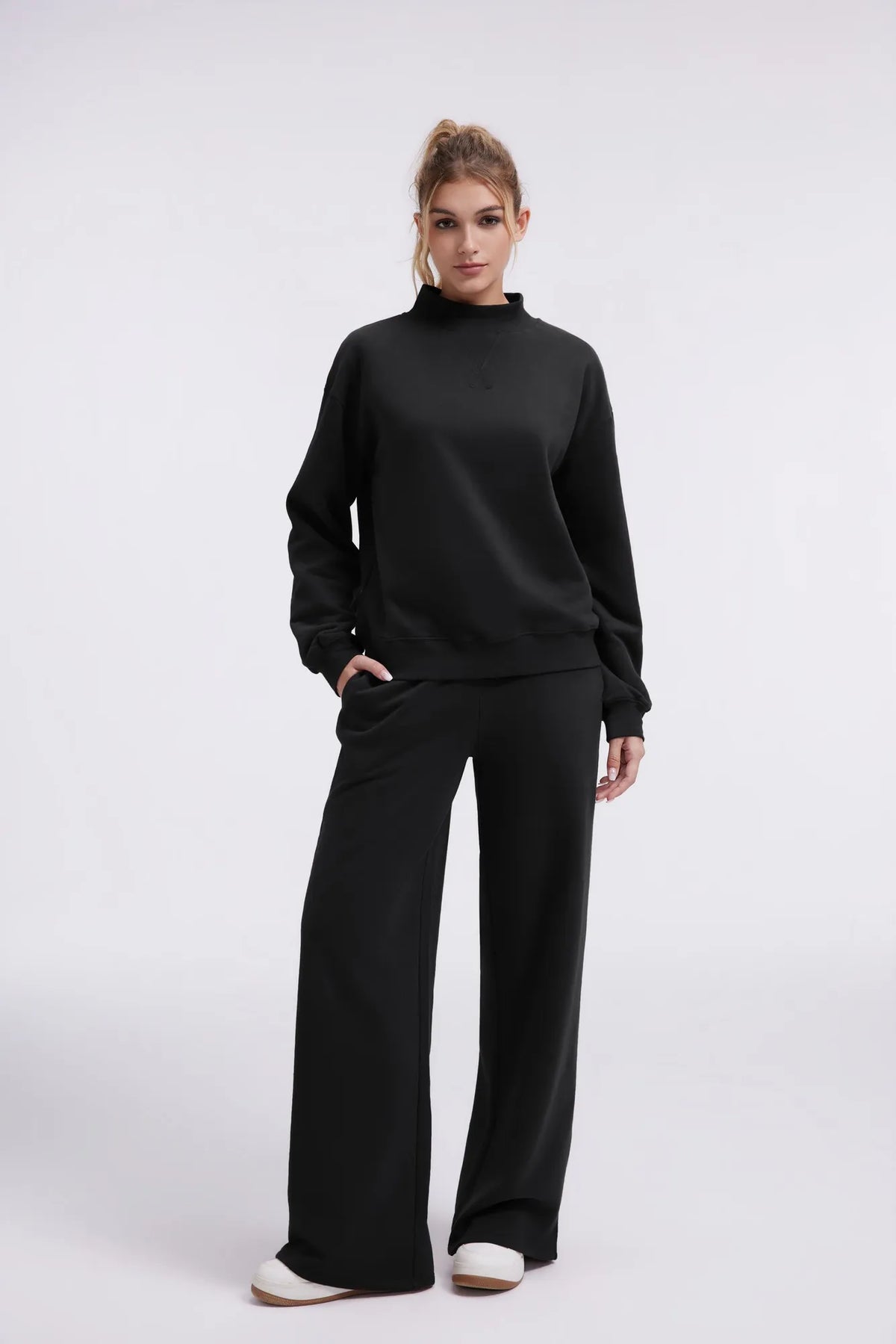 Cotton Mock Neck Sweatshirt Wide Pant Outfit
