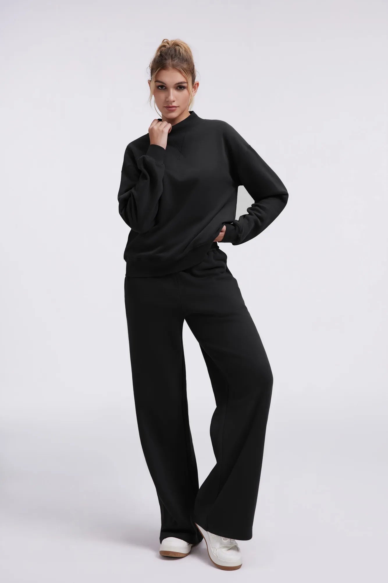 Cotton Mock Neck Sweatshirt Wide Pant Outfit