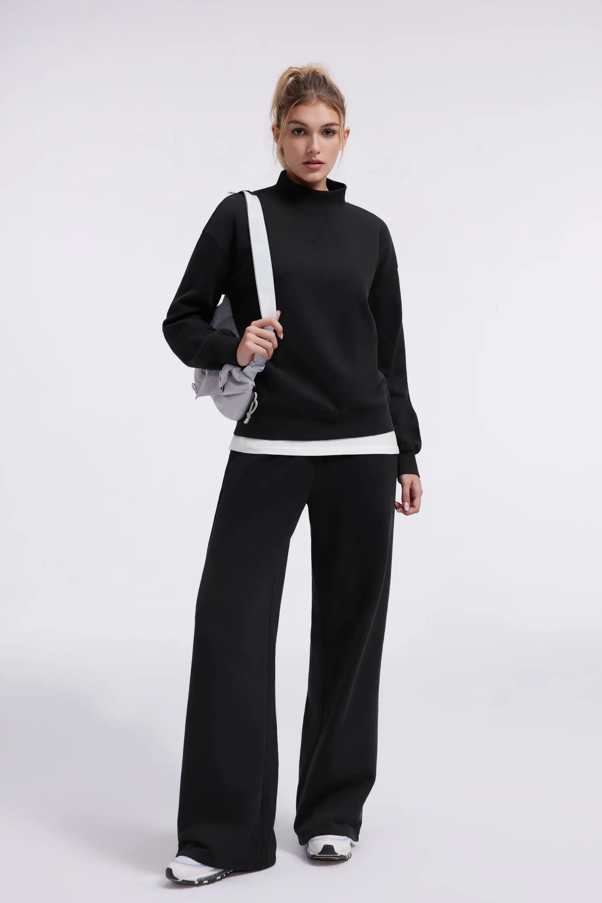 Cotton Mock Neck Sweatshirt Wide Pant Outfit