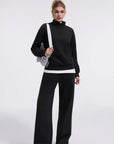 Cotton Mock Neck Sweatshirt Wide Pant Outfit