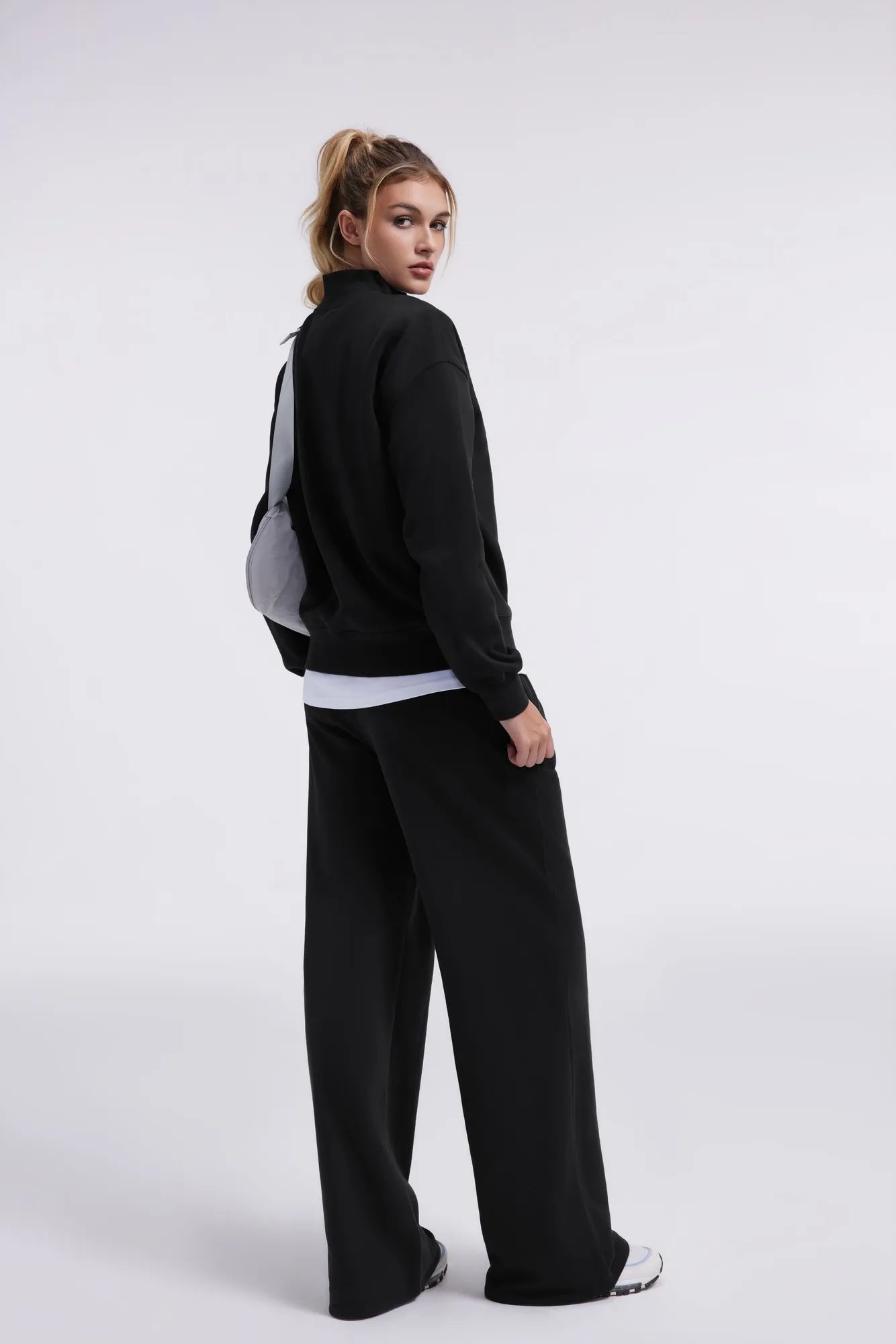 Cotton Mock Neck Sweatshirt Wide Pant Outfit