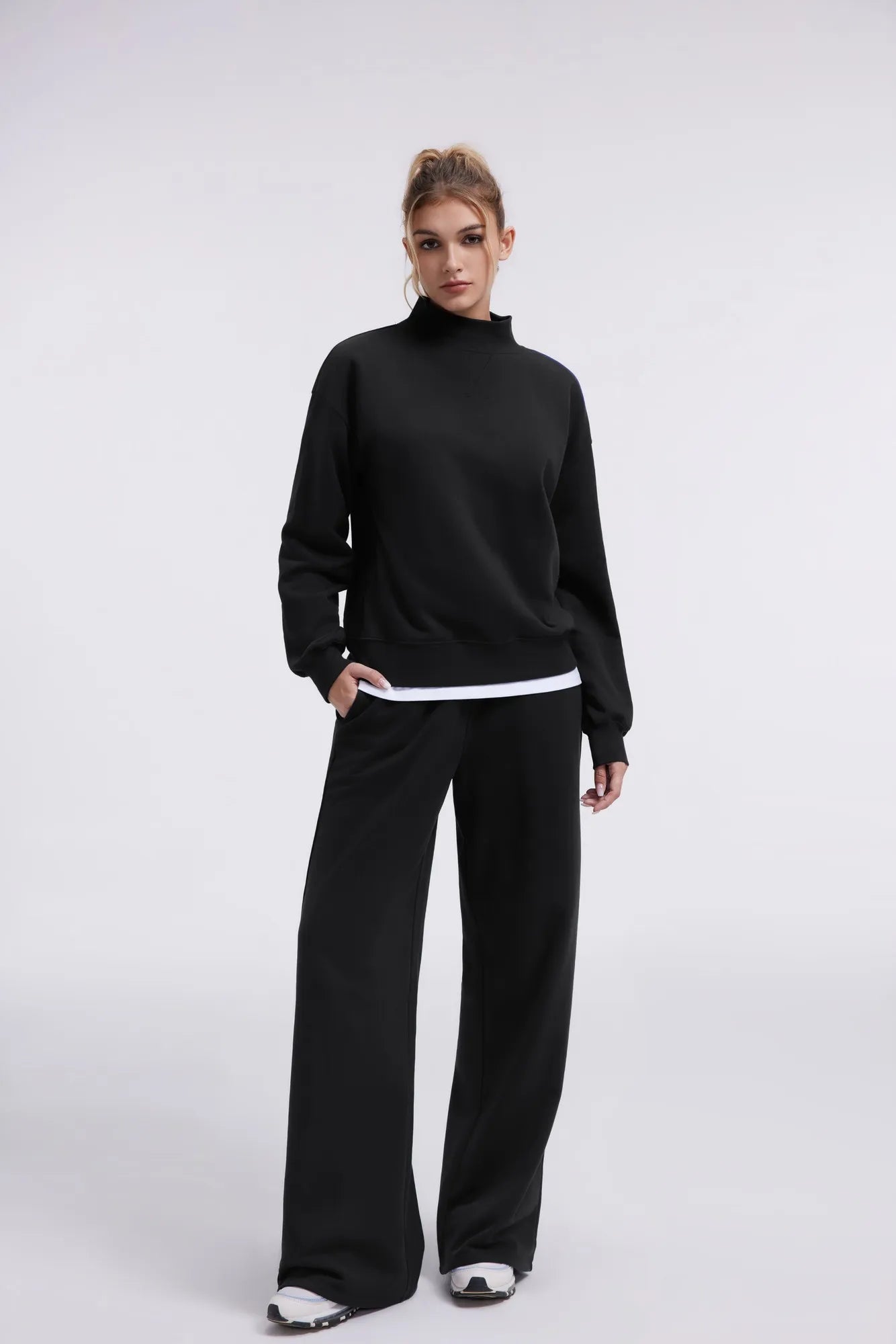 Cotton Mock Neck Sweatshirt Wide Pant Outfit