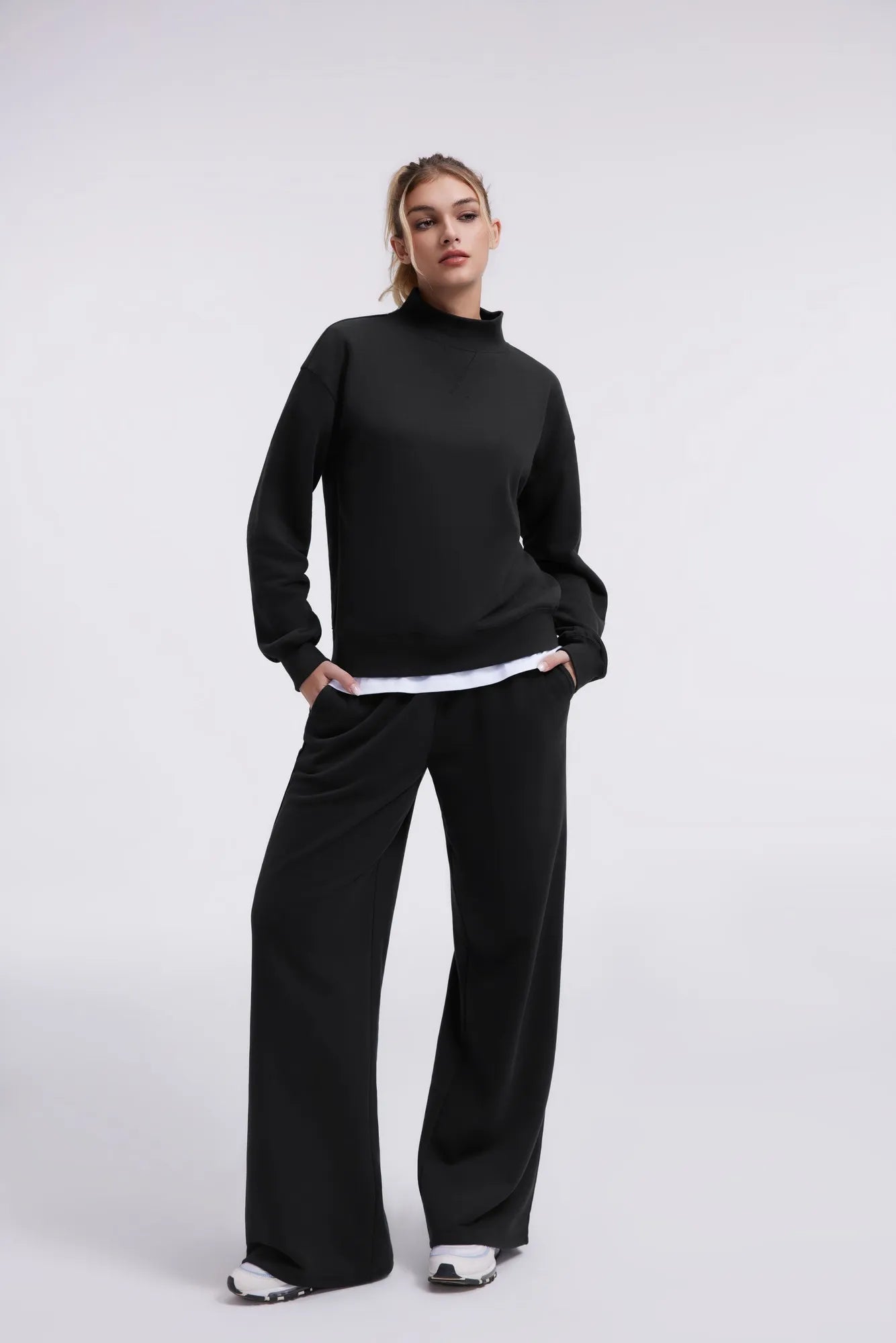 Cotton Mock Neck Sweatshirt Wide Pant Outfit