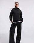 Cotton Mock Neck Sweatshirt Wide Pant Outfit