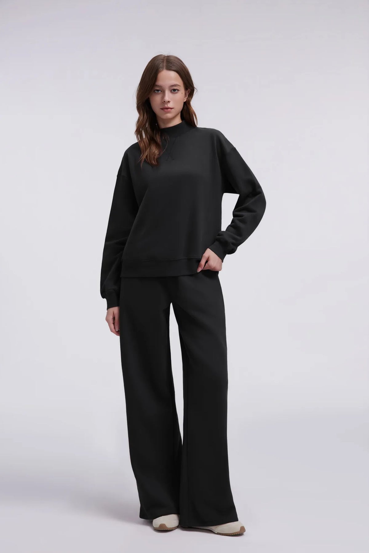 Cotton Mock Neck Sweatshirt Wide Pant Outfit