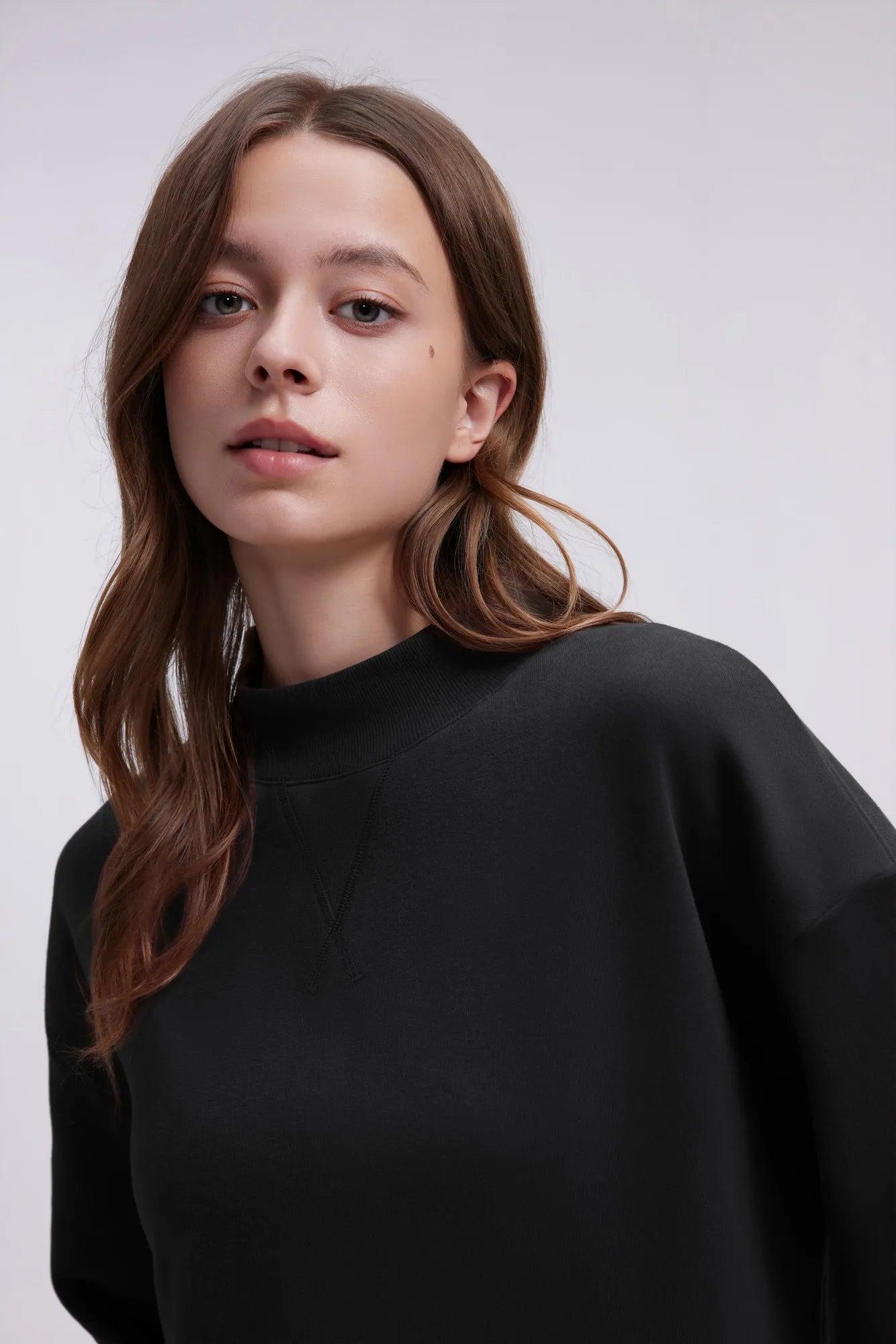 Cotton Mock Neck Sweatshirt Wide Pant Outfit