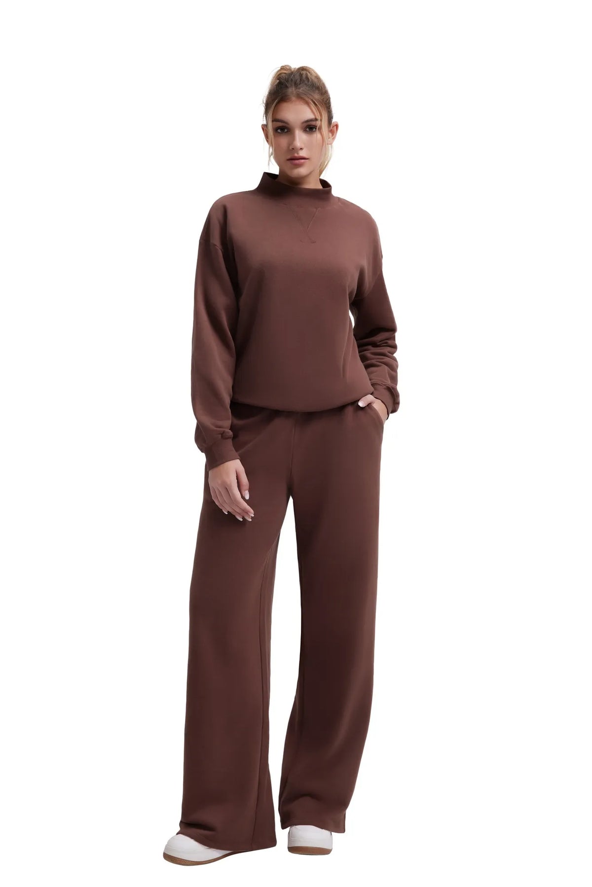 Cotton Mock Neck Sweatshirt Wide Pant Outfit