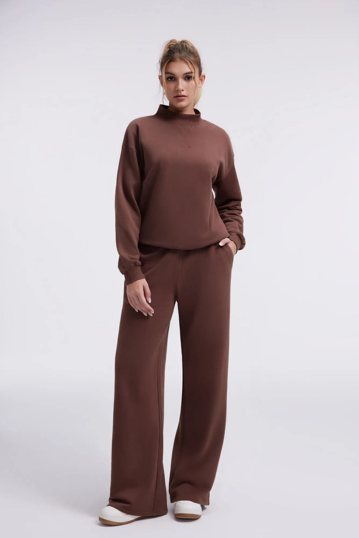 Cotton Mock Neck Sweatshirt Wide Pant Outfit