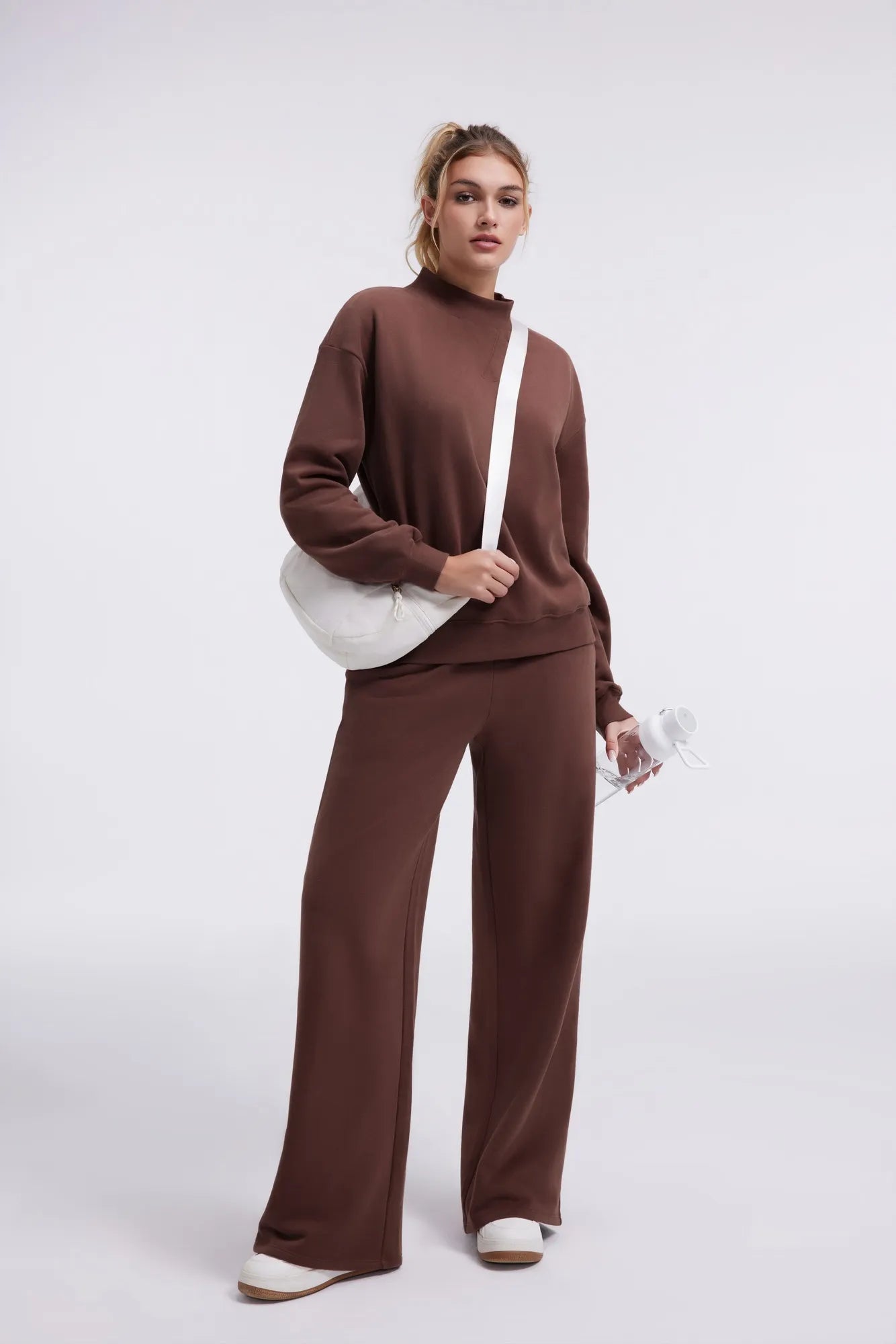 Cotton Mock Neck Sweatshirt Wide Pant Outfit