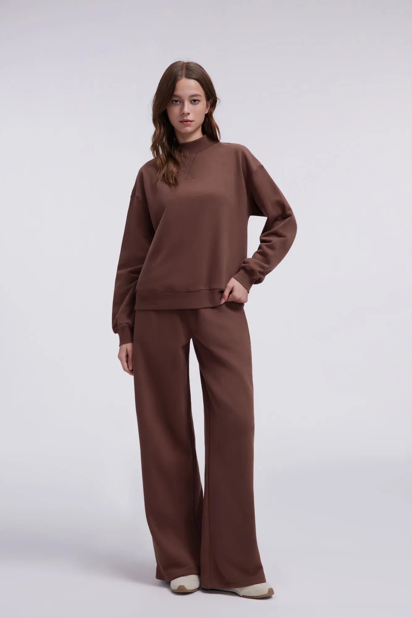 Cotton Mock Neck Sweatshirt Wide Pant Outfit