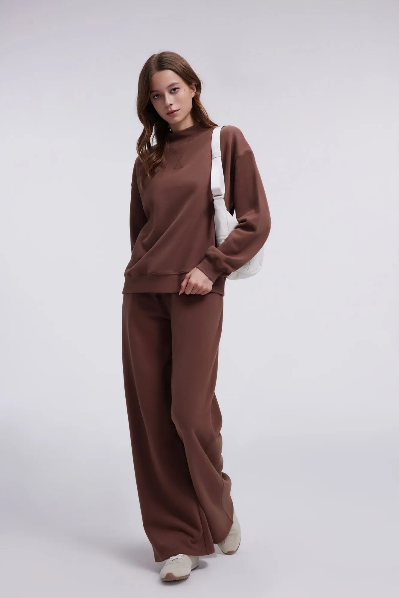 Cotton Mock Neck Sweatshirt Wide Pant Outfit