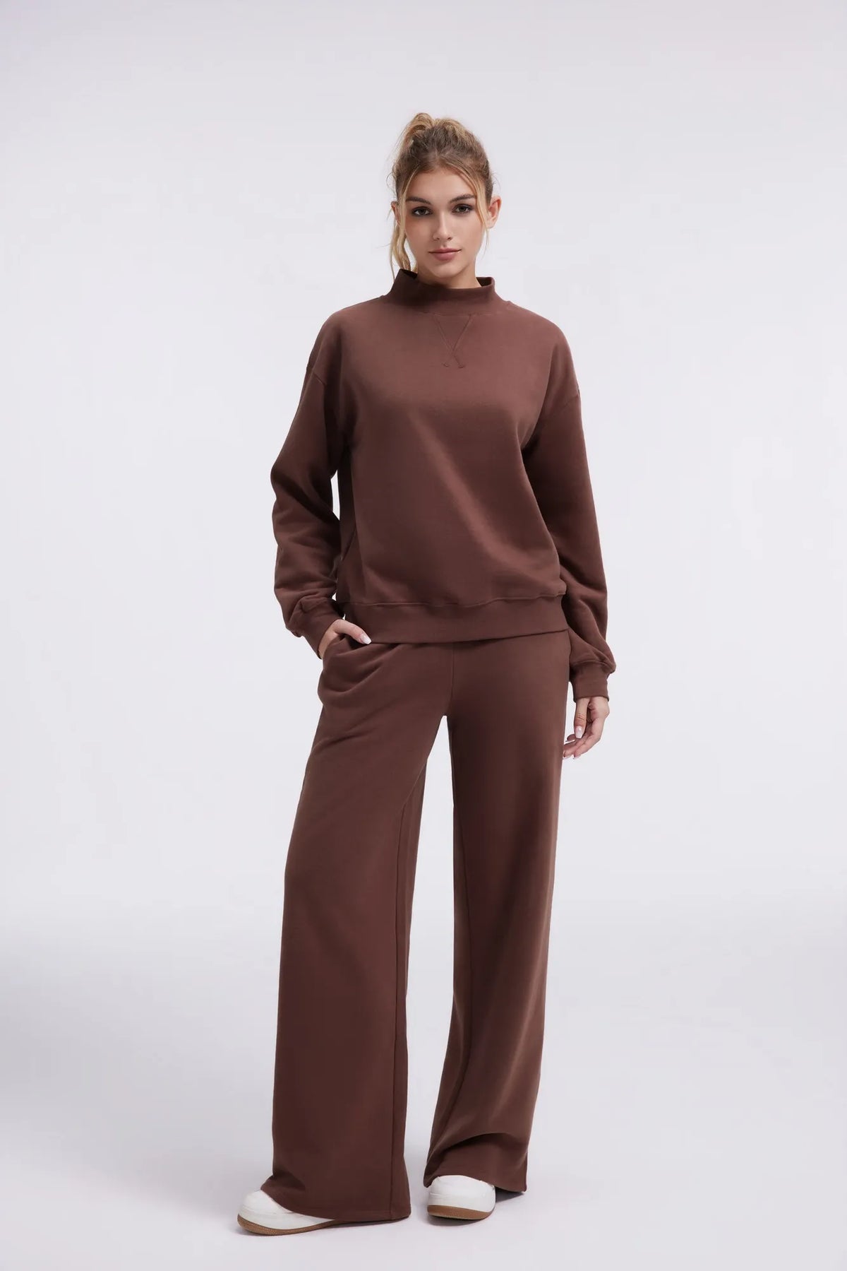 Cotton Mock Neck Sweatshirt Wide Pant Outfit