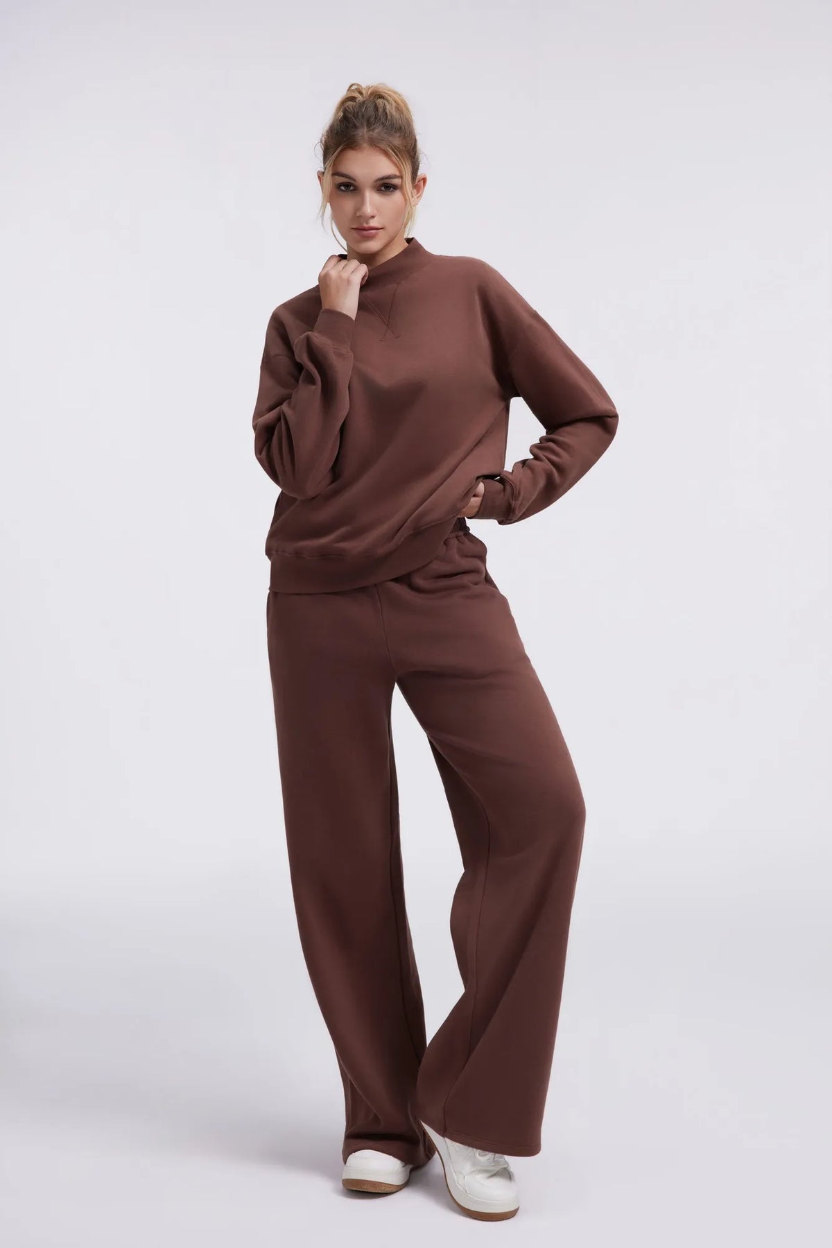 Cotton Mock Neck Sweatshirt Wide Pant Outfit