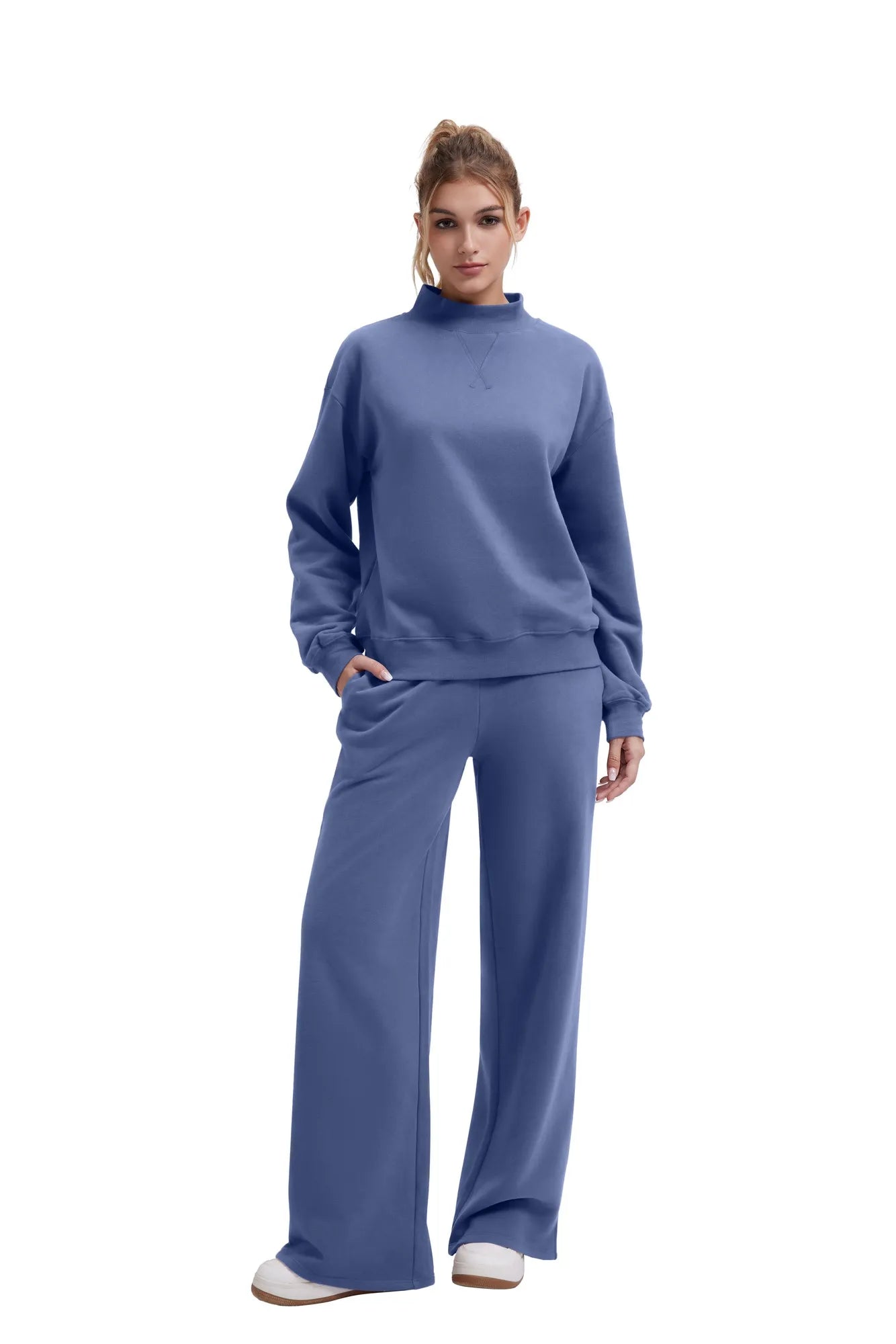 Cotton Mock Neck Sweatshirt Wide Pant Outfit