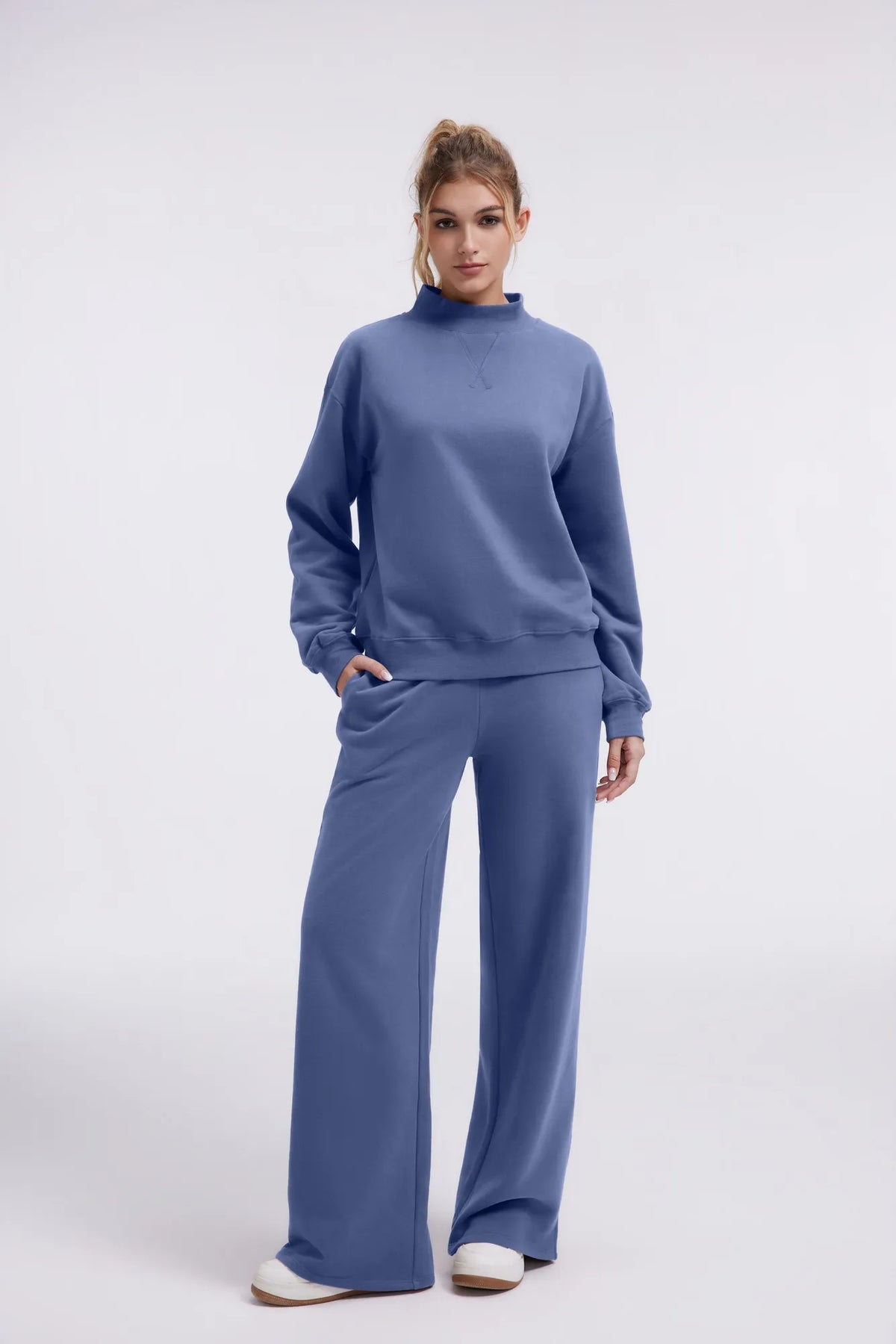 Cotton Mock Neck Sweatshirt Wide Pant Outfit