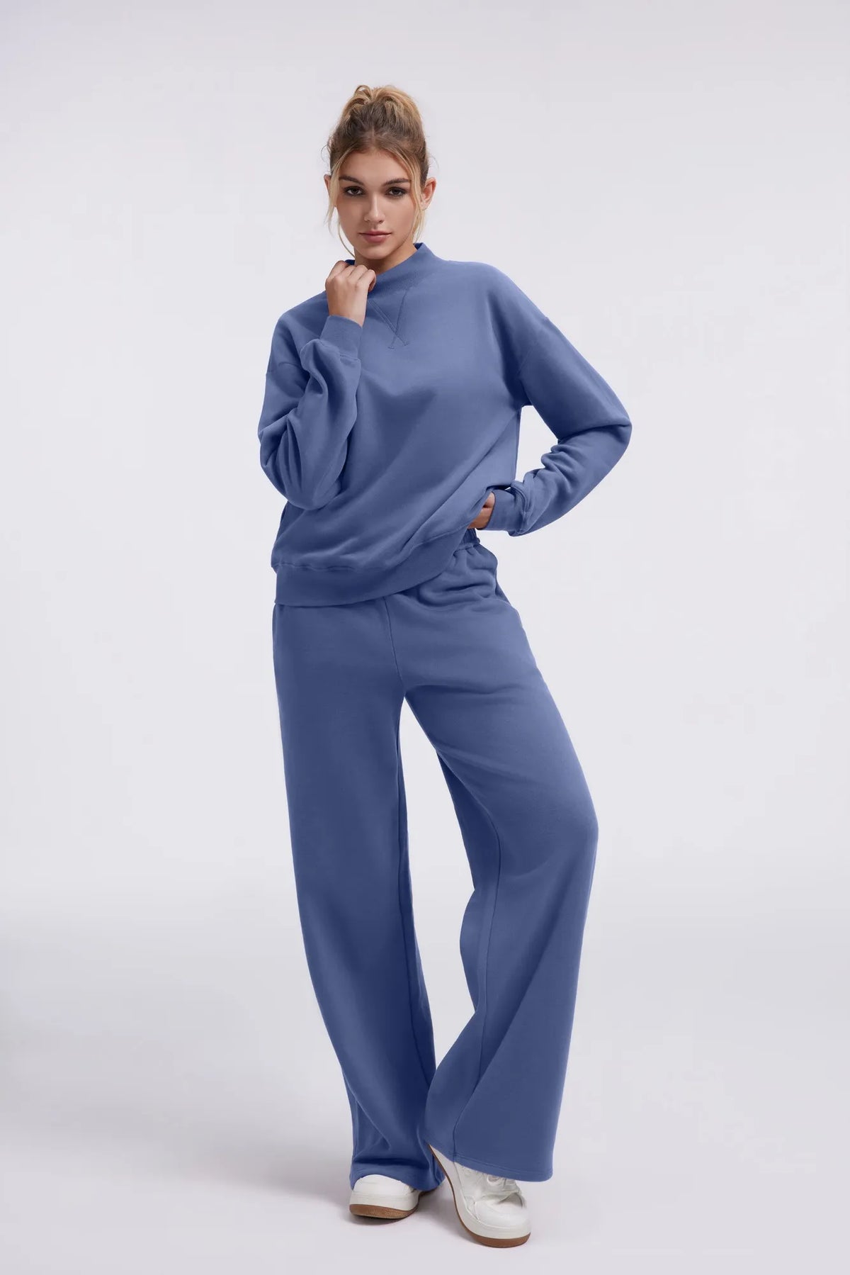 Cotton Mock Neck Sweatshirt Wide Pant Outfit