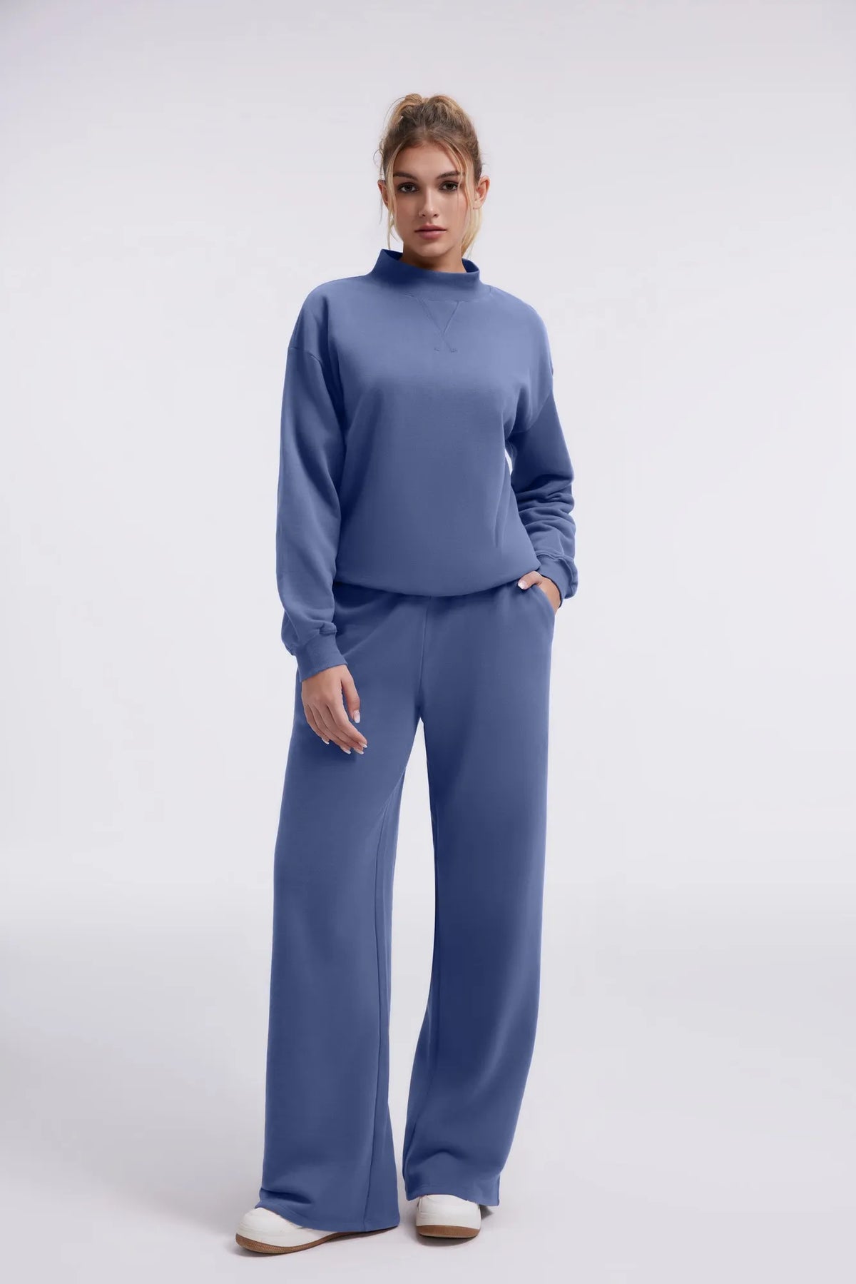 Cotton Mock Neck Sweatshirt Wide Pant Outfit