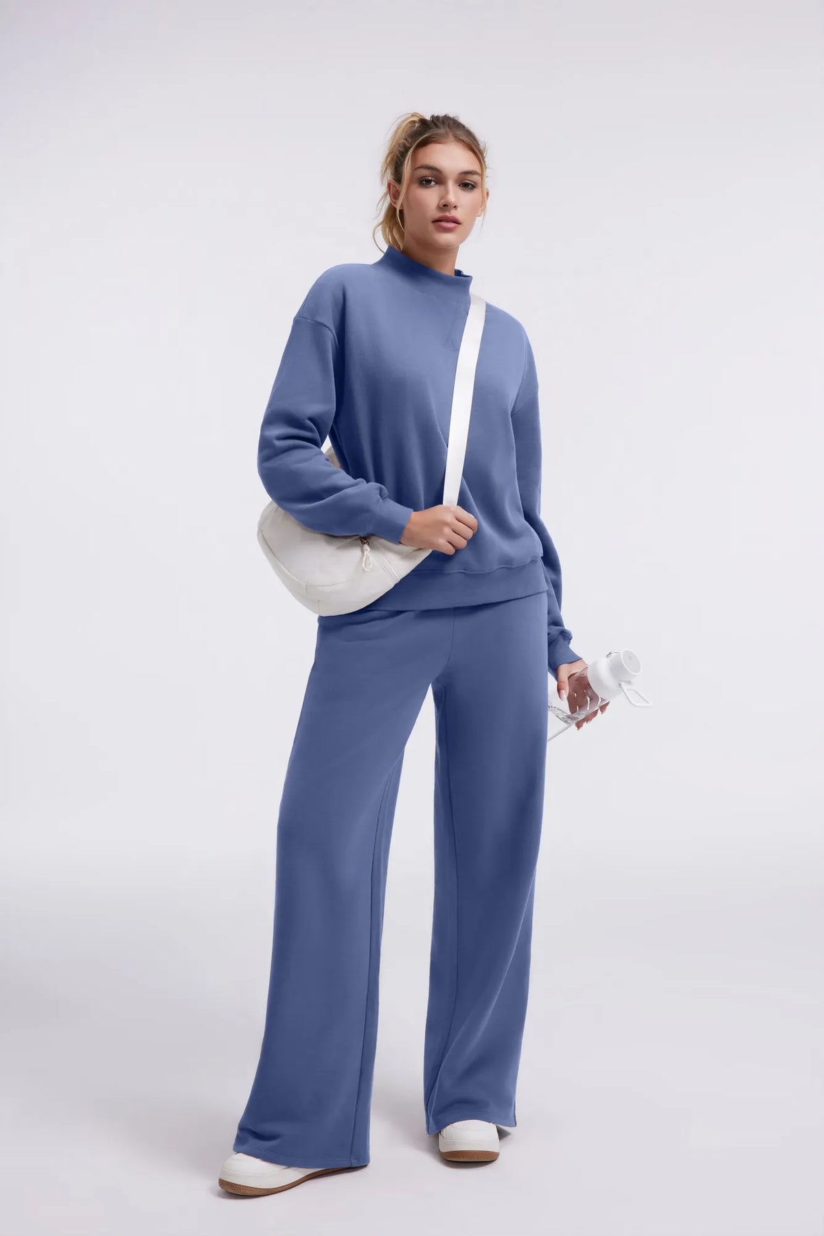 Cotton Mock Neck Sweatshirt Wide Pant Outfit