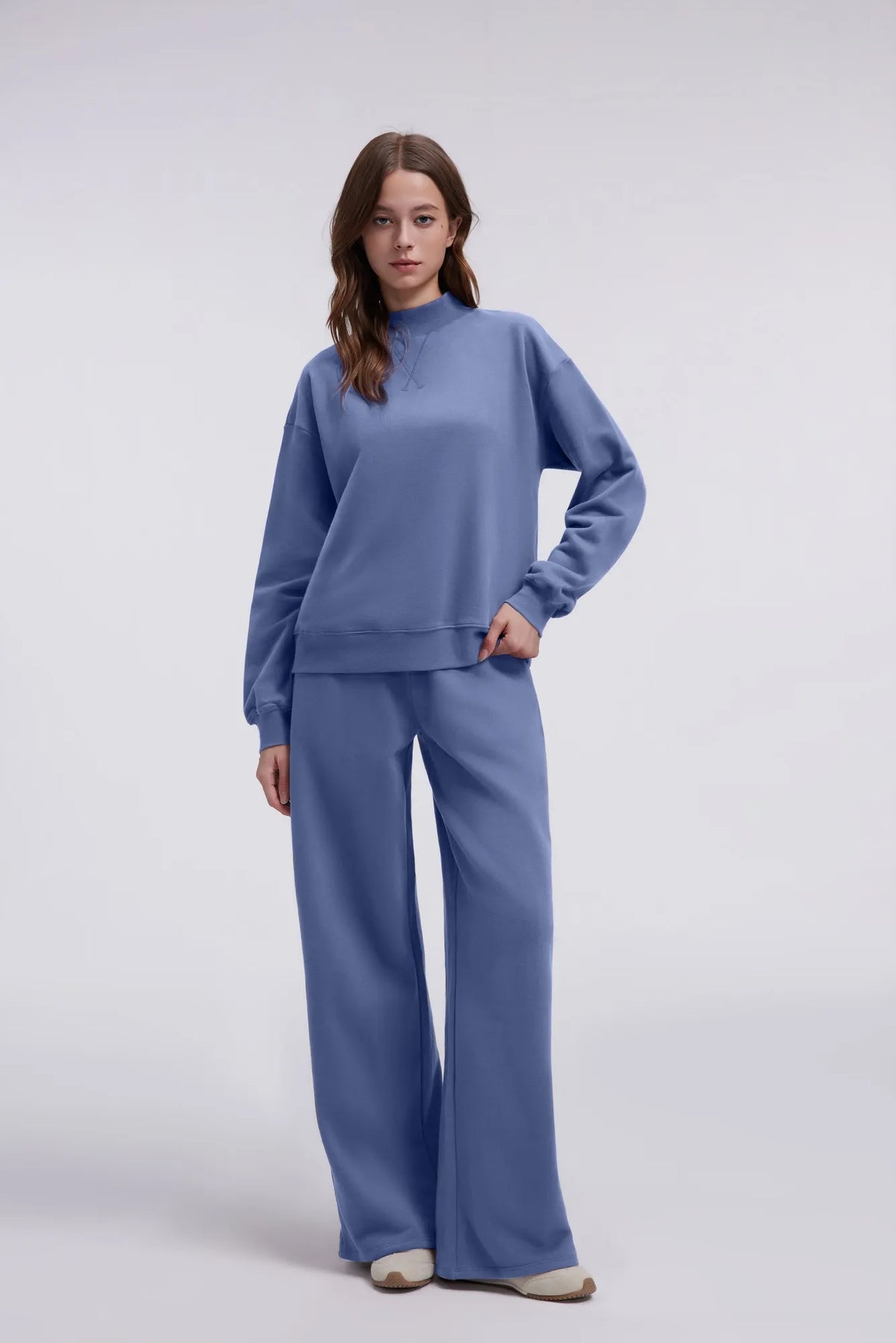 Cotton Mock Neck Sweatshirt Wide Pant Outfit