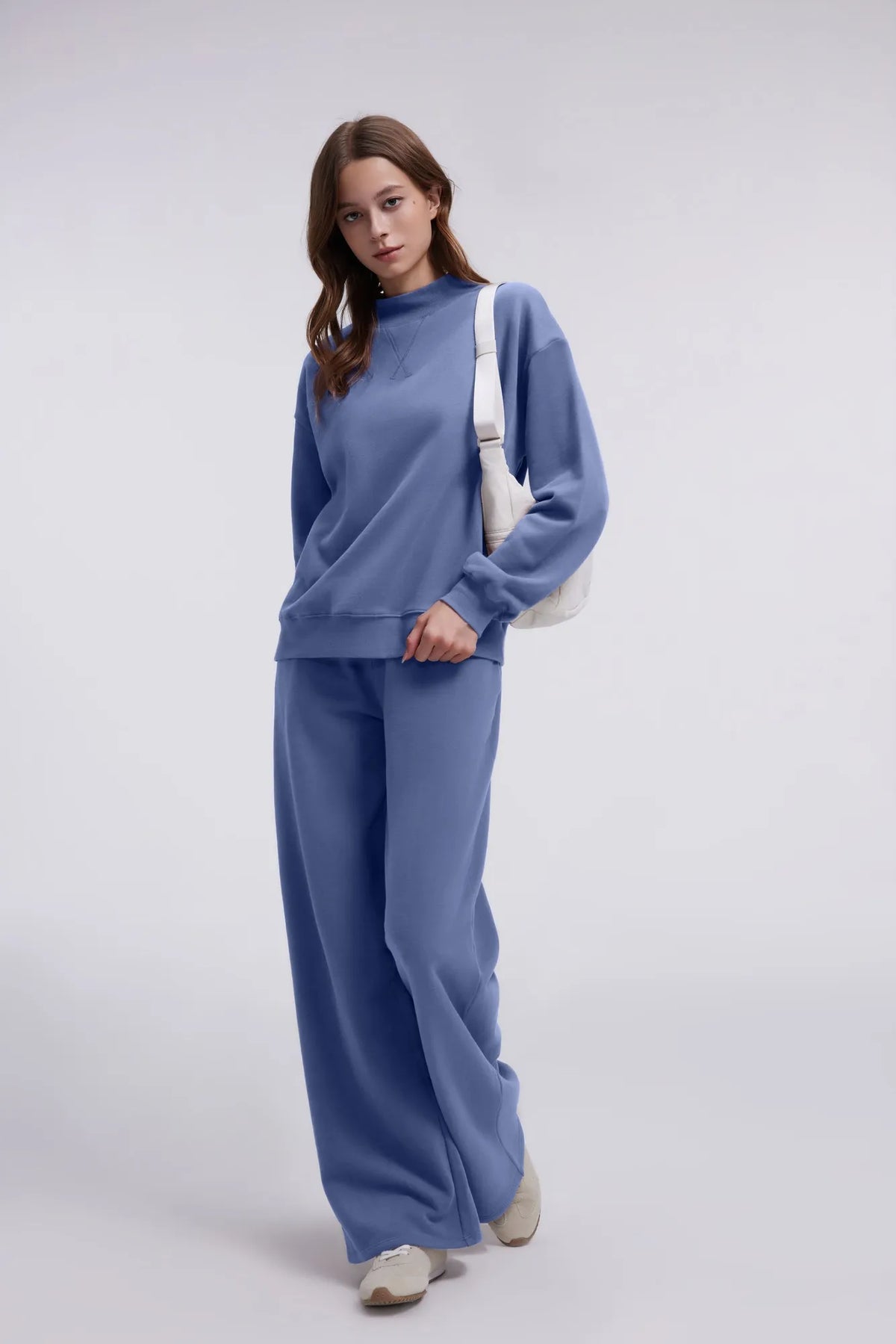 Cotton Mock Neck Sweatshirt Wide Pant Outfit