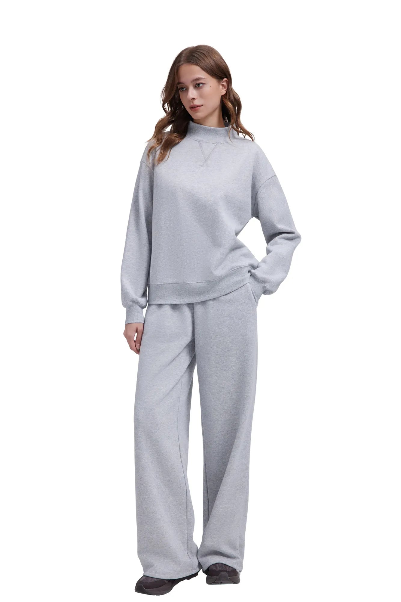 Cotton Mock Neck Sweatshirt Wide Pant Outfit
