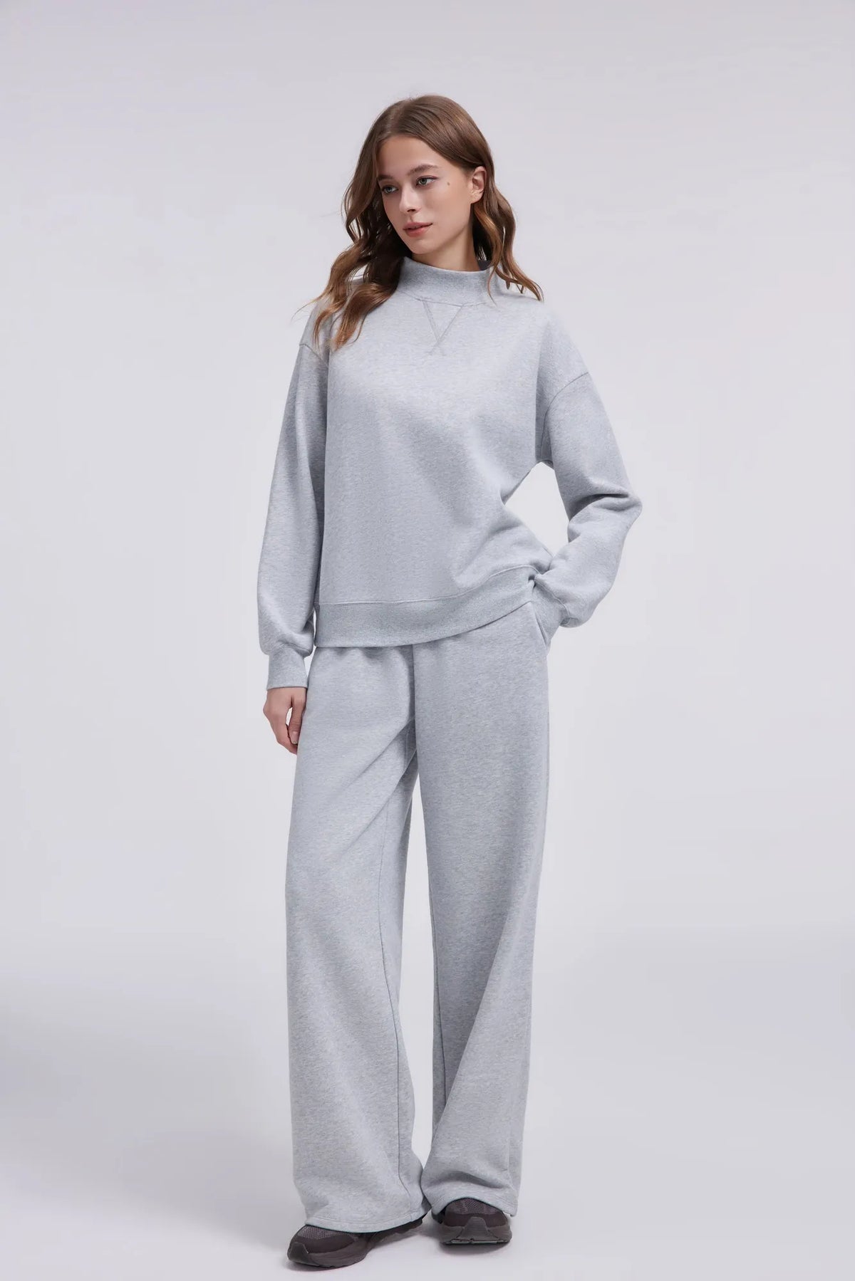 Cotton Mock Neck Sweatshirt Wide Pant Outfit