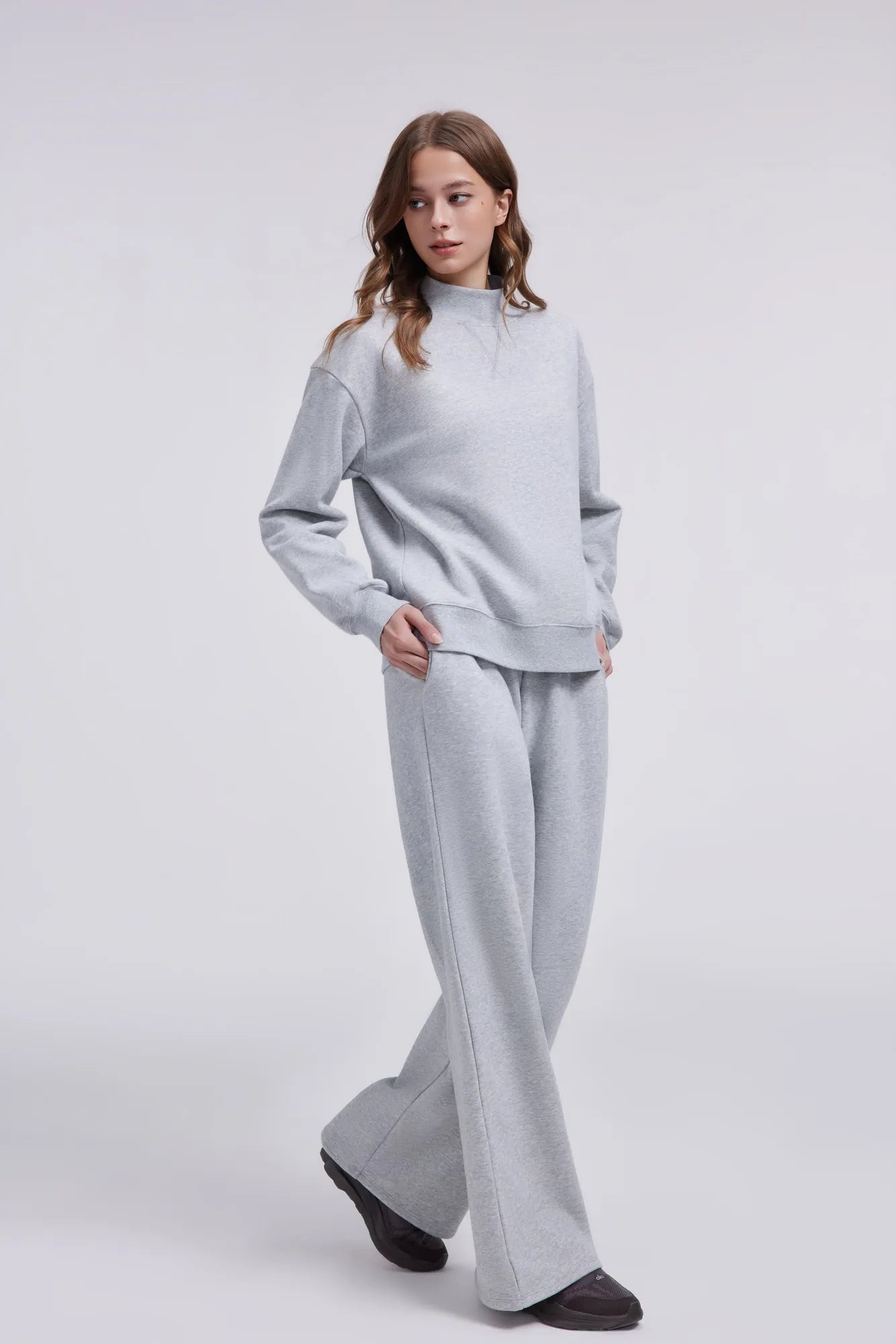 Cotton Mock Neck Sweatshirt Wide Pant Outfit