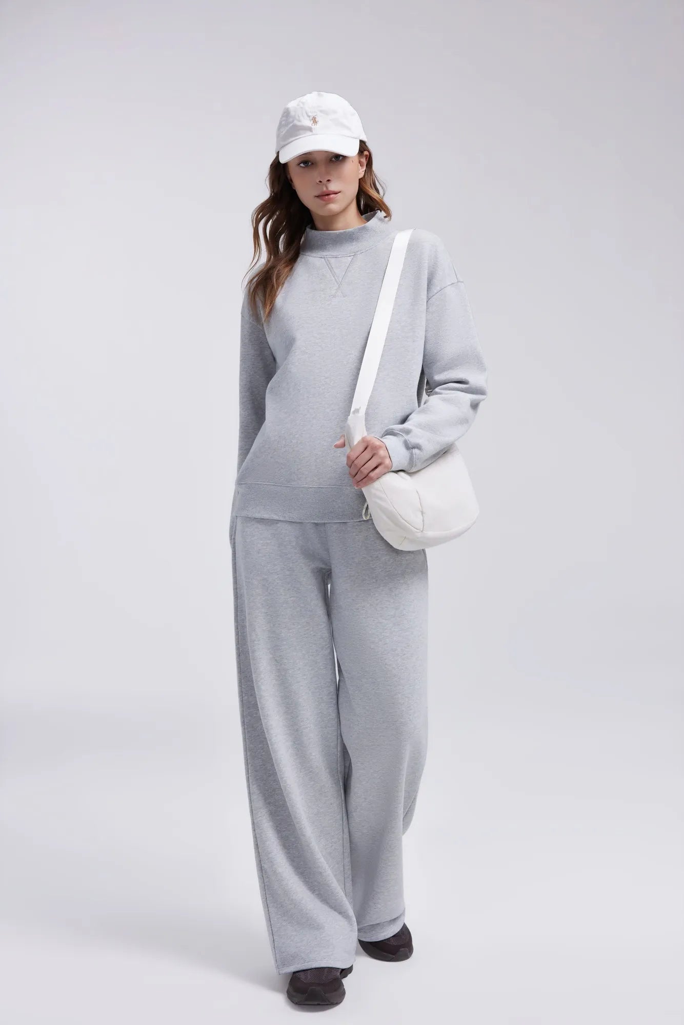 Cotton Mock Neck Sweatshirt Wide Pant Outfit