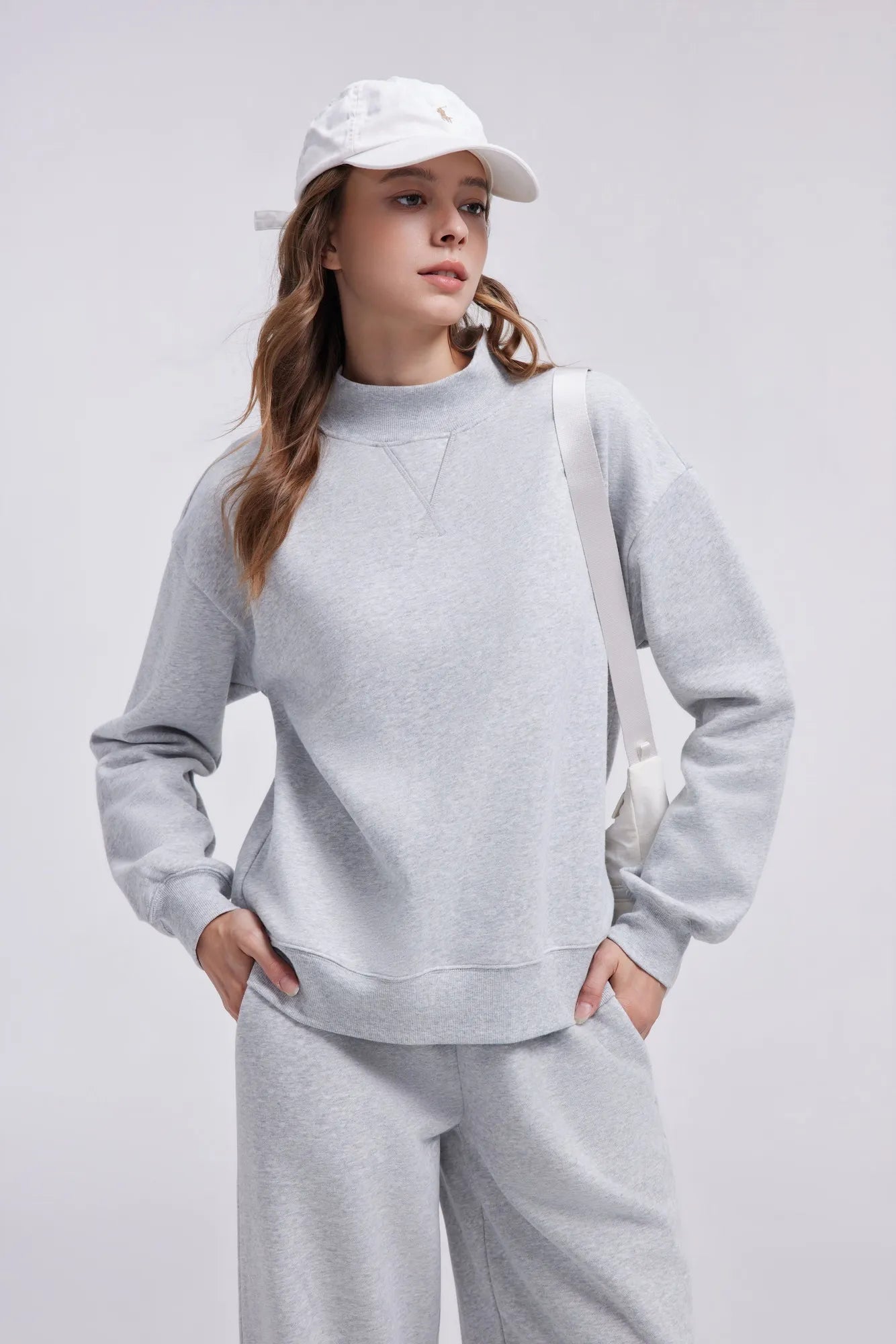 Cotton Mock Neck Sweatshirt Wide Pant Outfit