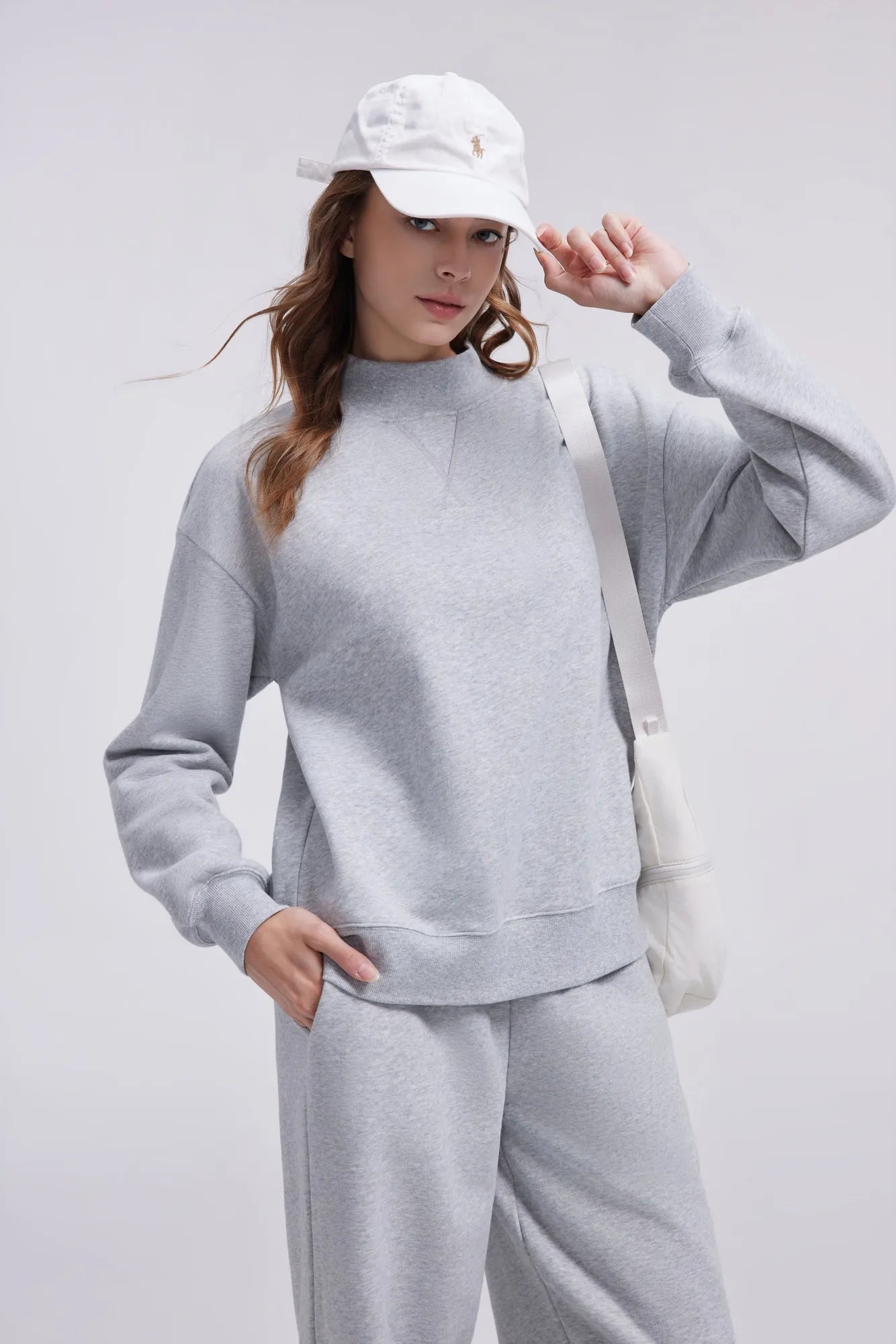 Cotton Mock Neck Sweatshirt Wide Pant Outfit