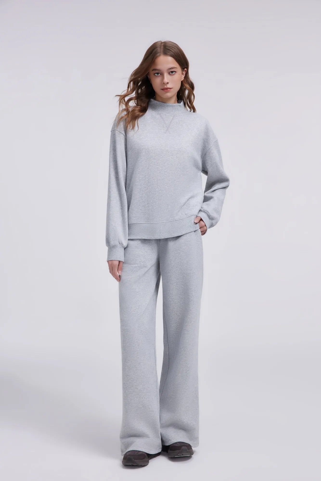 Cotton Mock Neck Sweatshirt Wide Pant Outfit