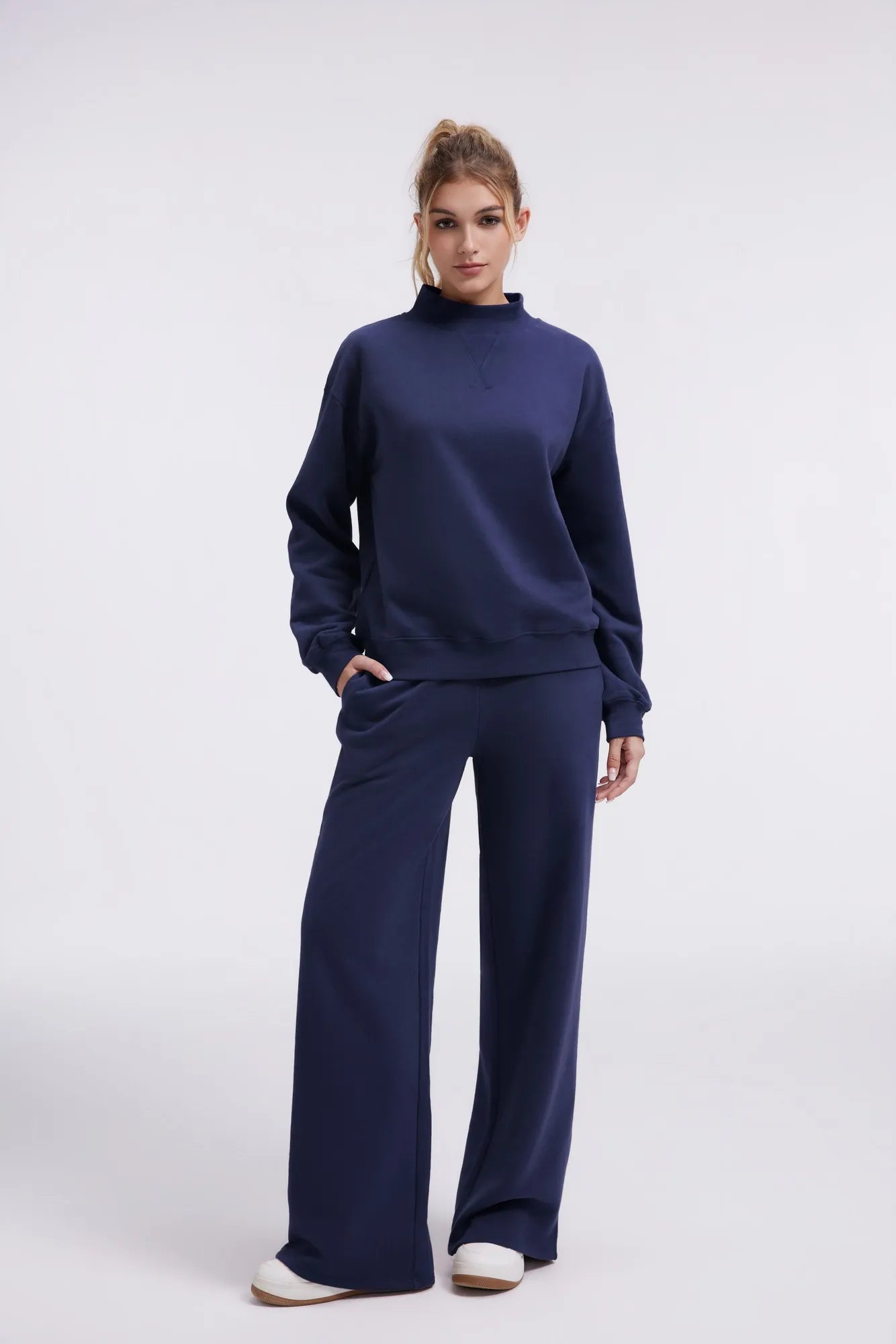 Cotton Mock Neck Sweatshirt Wide Pant Outfit