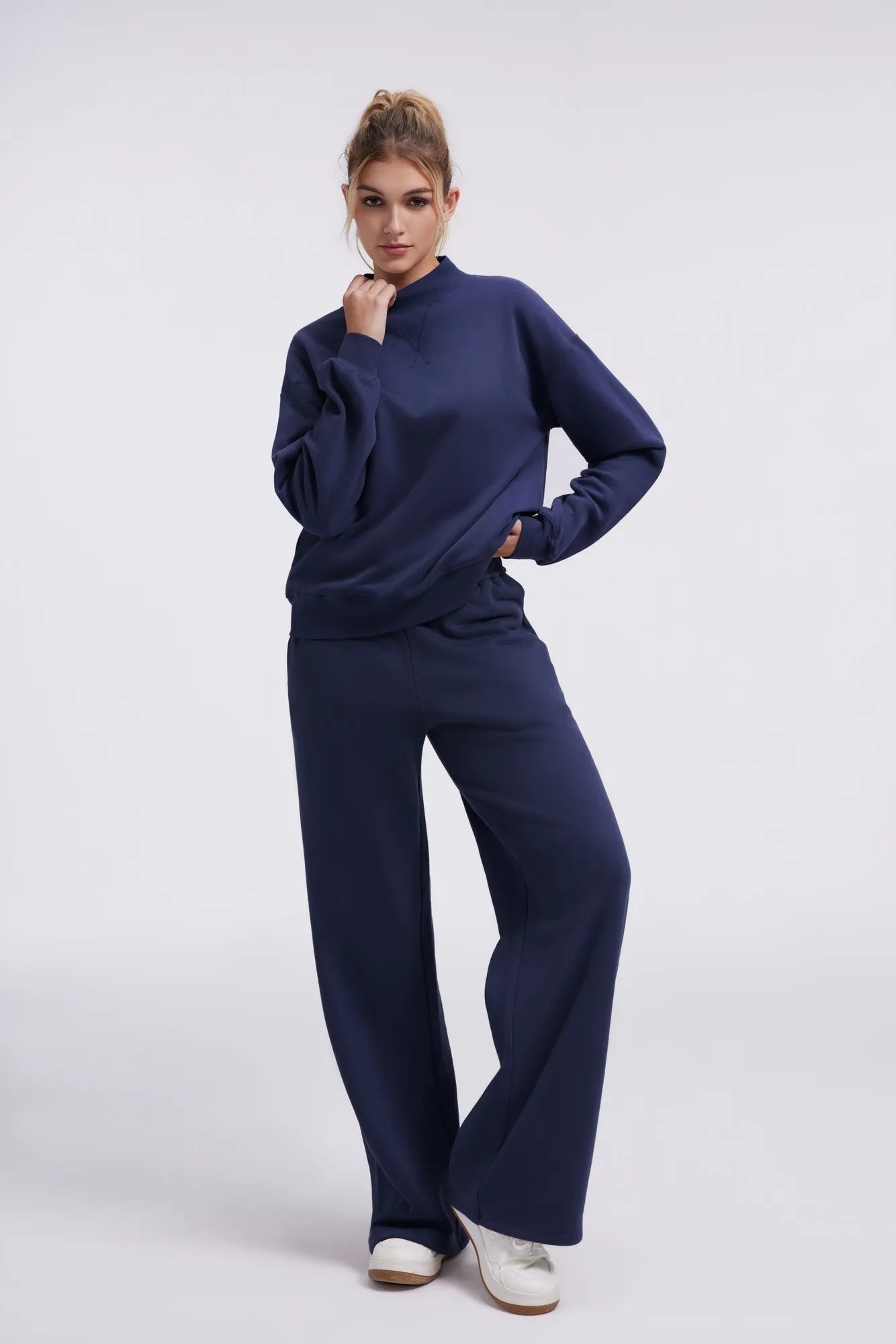 Cotton Mock Neck Sweatshirt Wide Pant Outfit