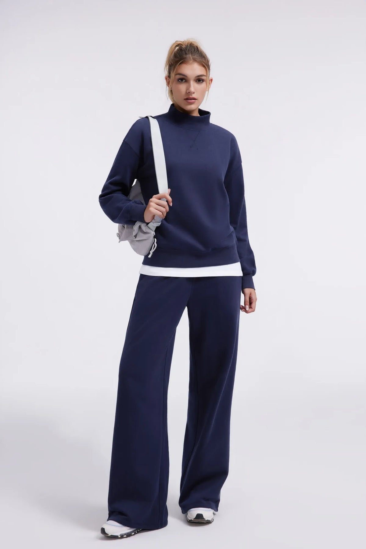 Cotton Mock Neck Sweatshirt Wide Pant Outfit