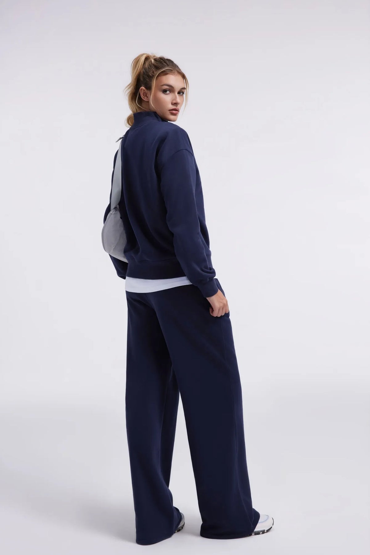 Cotton Mock Neck Sweatshirt Wide Pant Outfit