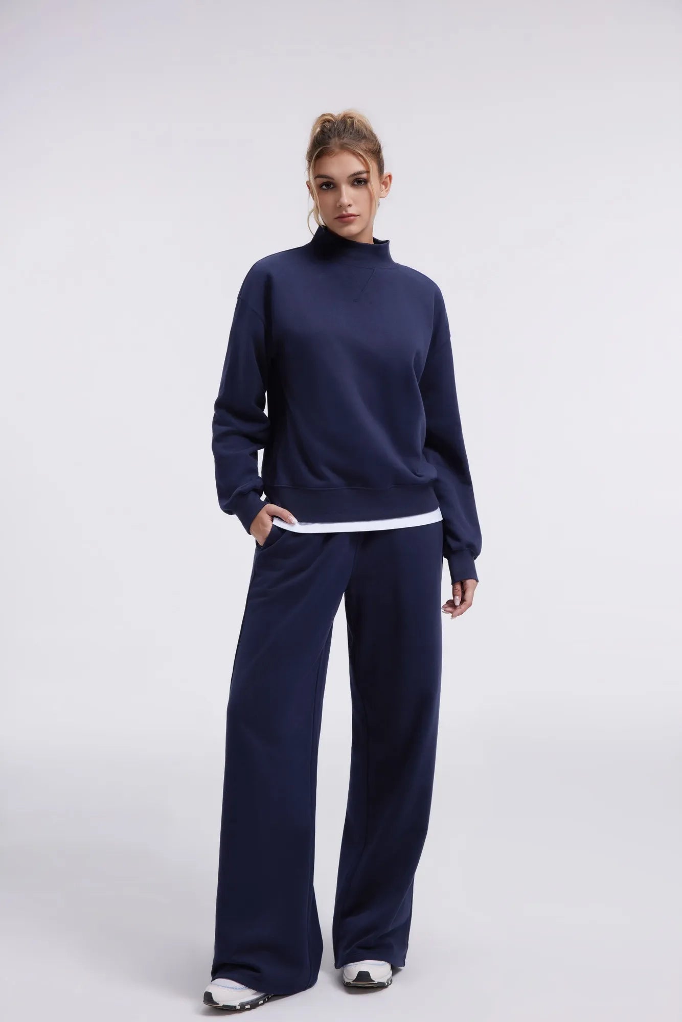 Cotton Mock Neck Sweatshirt Wide Pant Outfit