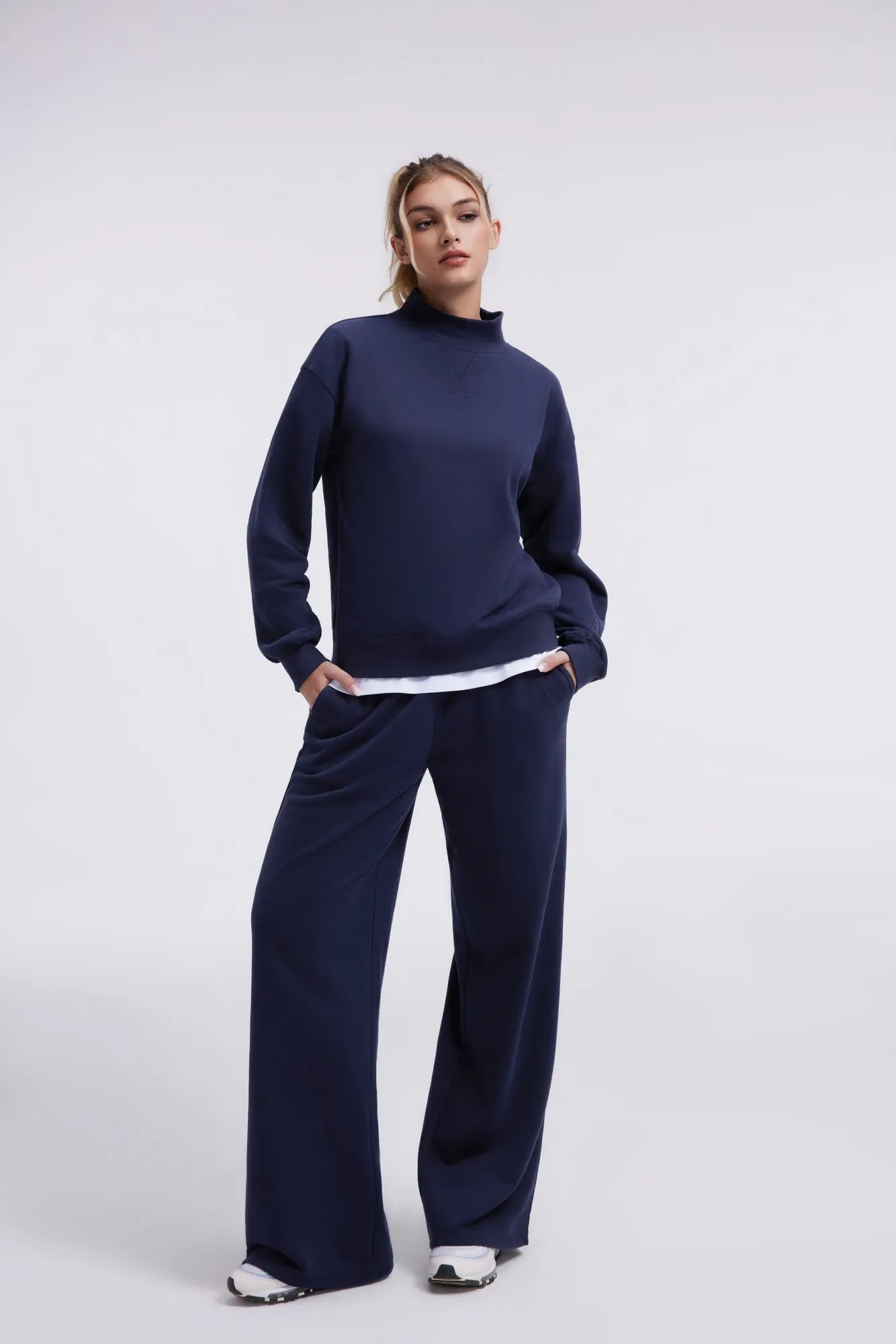Cotton Mock Neck Sweatshirt Wide Pant Outfit