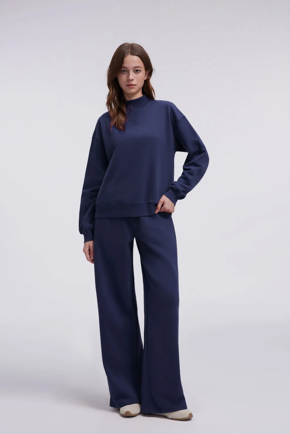 Cotton Mock Neck Sweatshirt Wide Pant Outfit