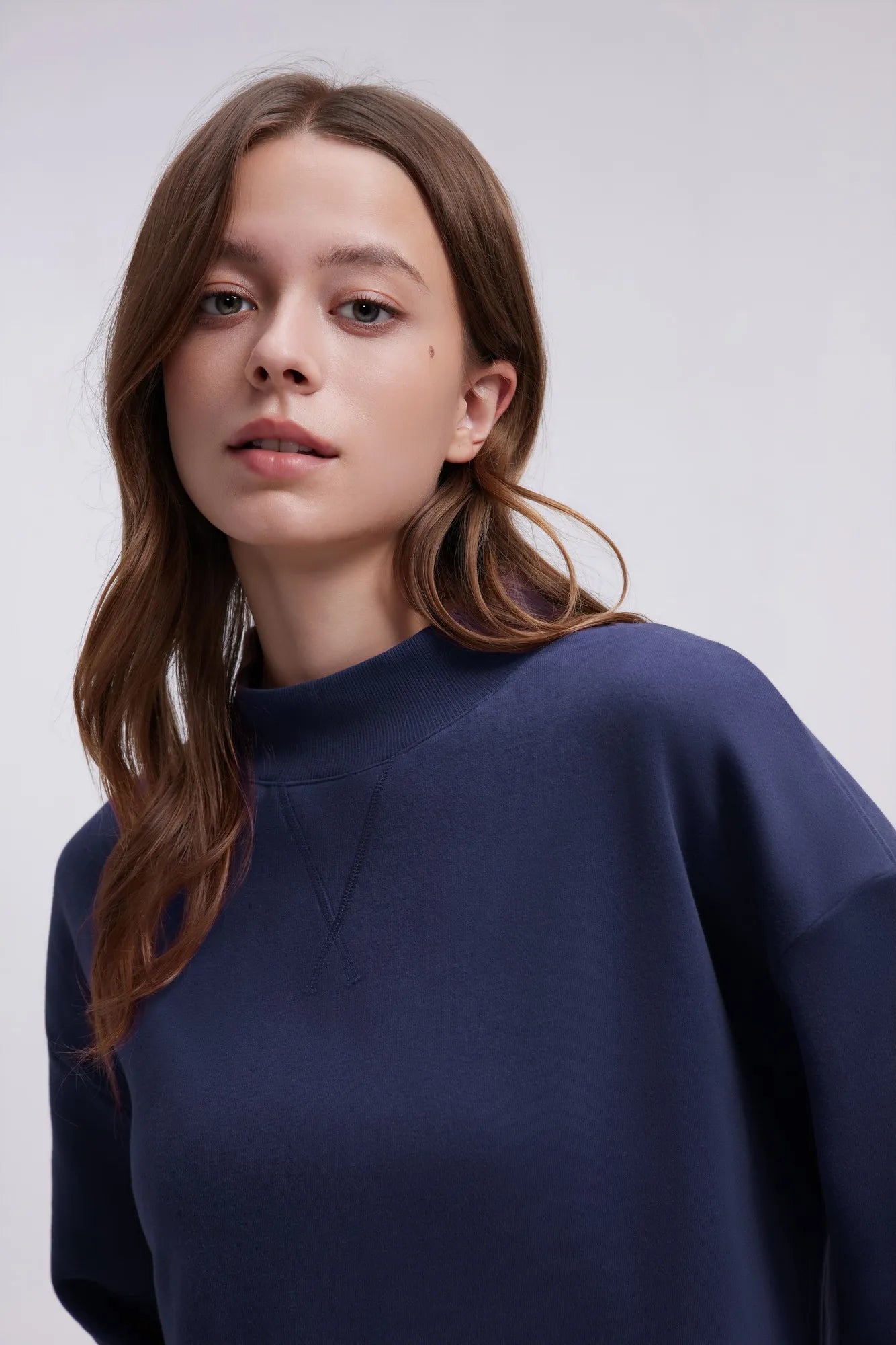 Cotton Mock Neck Sweatshirt Wide Pant Outfit