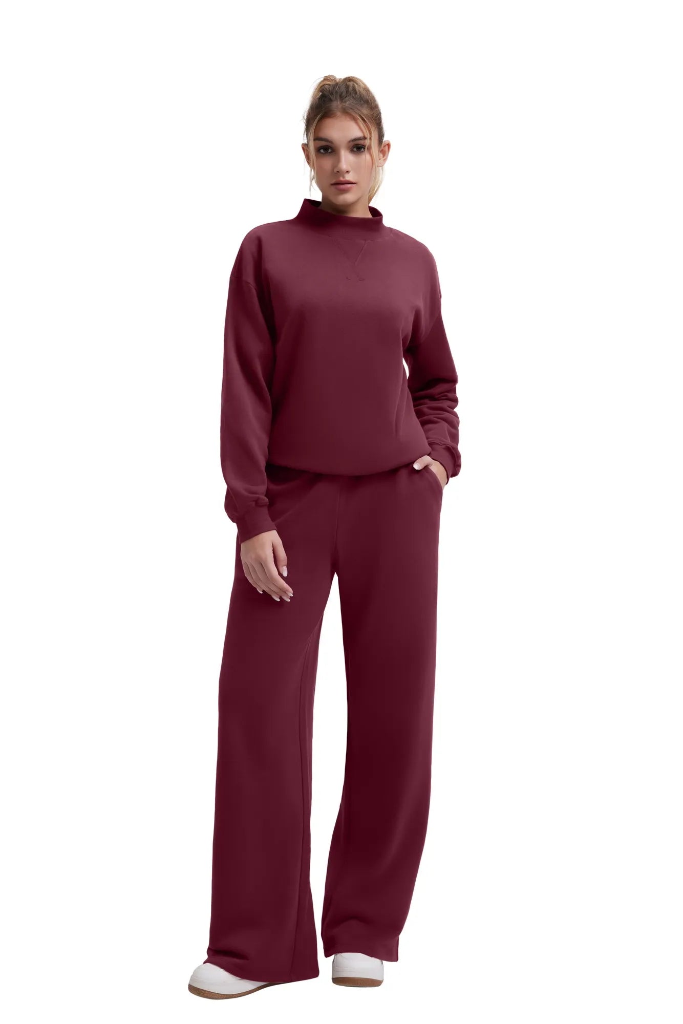 Cotton Mock Neck Sweatshirt Wide Pant Outfit
