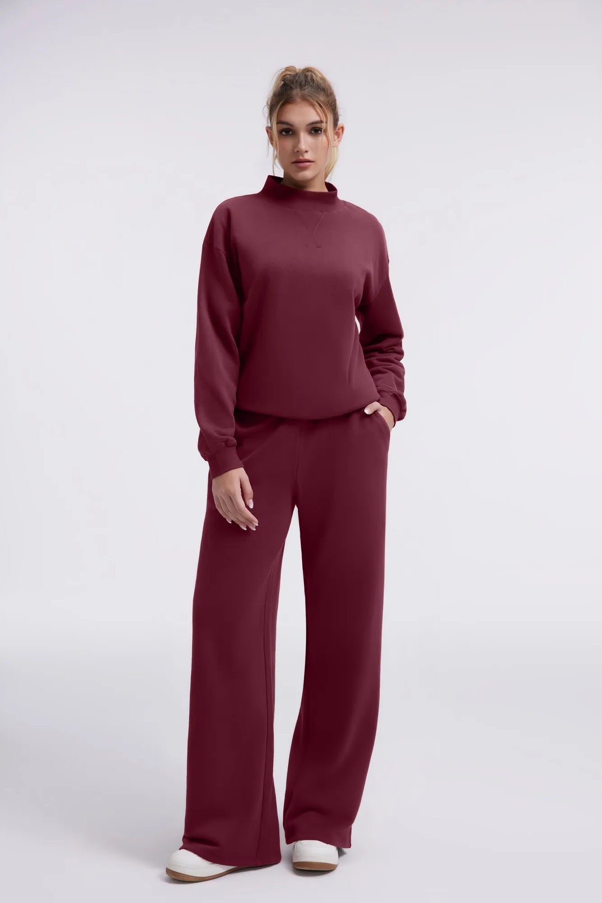 Cotton Mock Neck Sweatshirt Wide Pant Outfit
