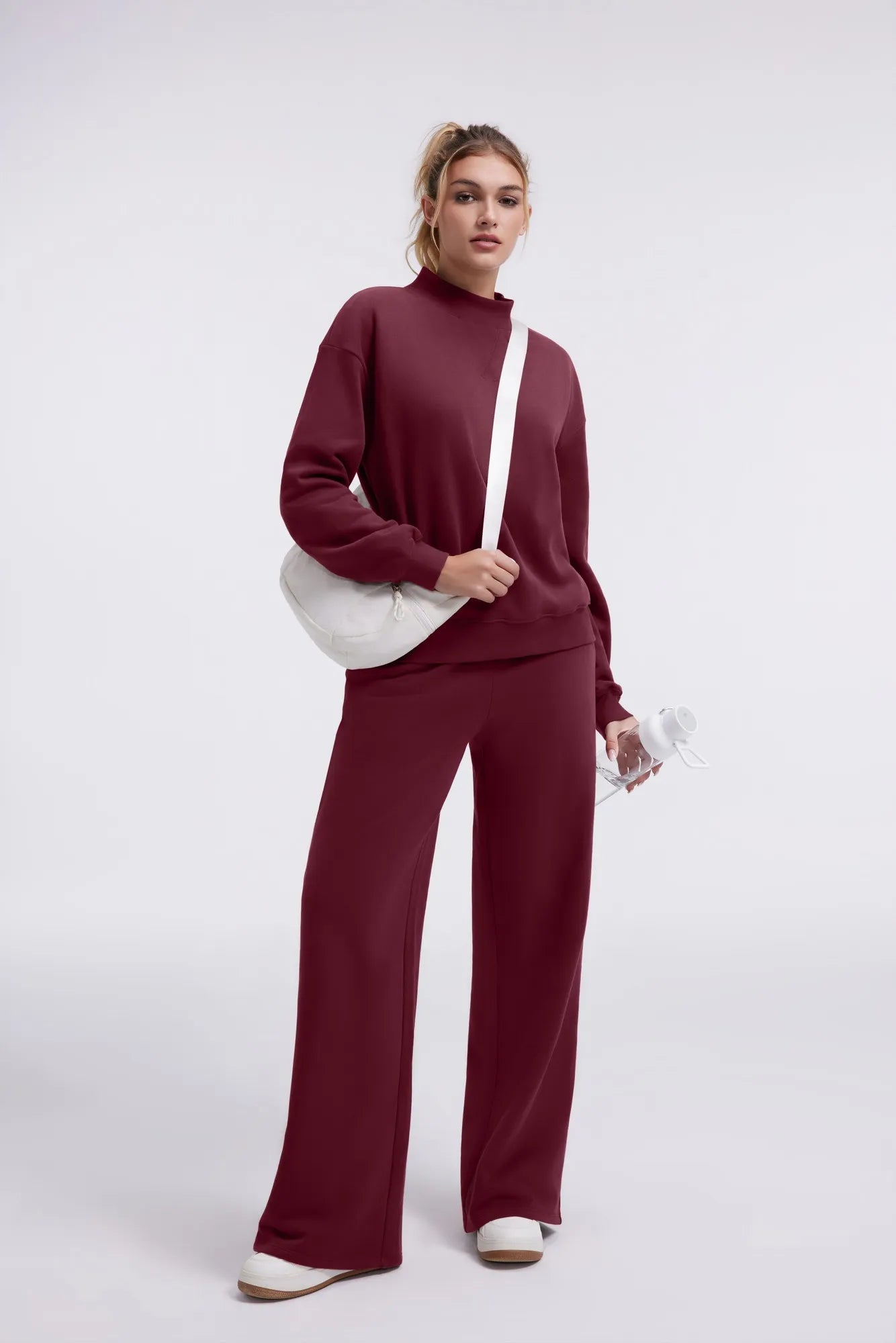 Cotton Mock Neck Sweatshirt Wide Pant Outfit