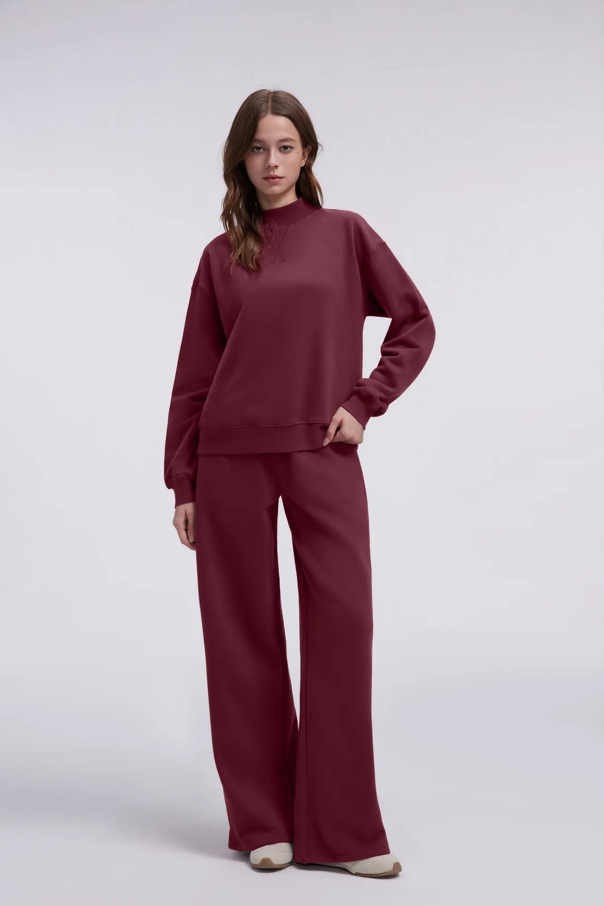 Cotton Mock Neck Sweatshirt Wide Pant Outfit